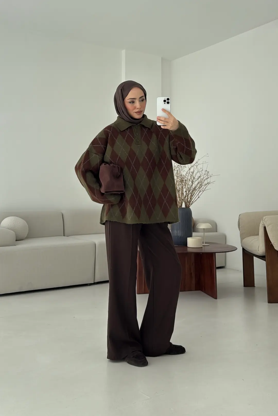 Premium Baklava Desenli Polo Yaka Kazak Haki - Görsel 6