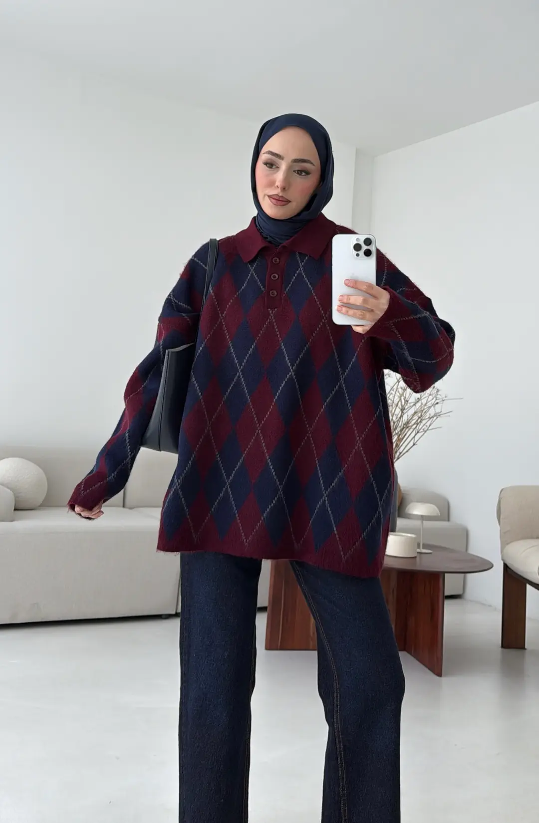 Premium Baklava Desenli Polo Yaka Kazak Lacivert