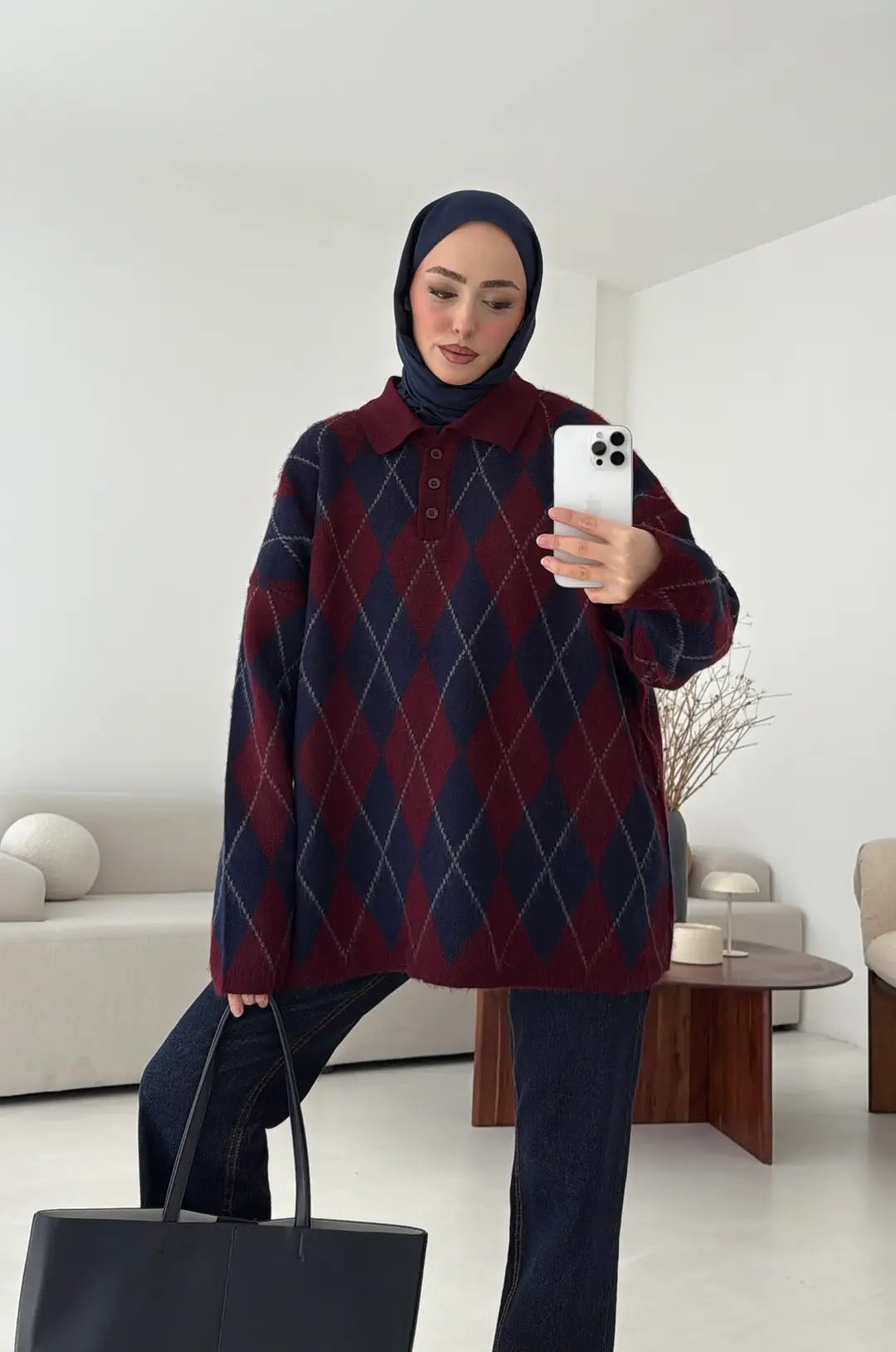 Premium Baklava Desenli Polo Yaka Kazak Lacivert - Görsel 4