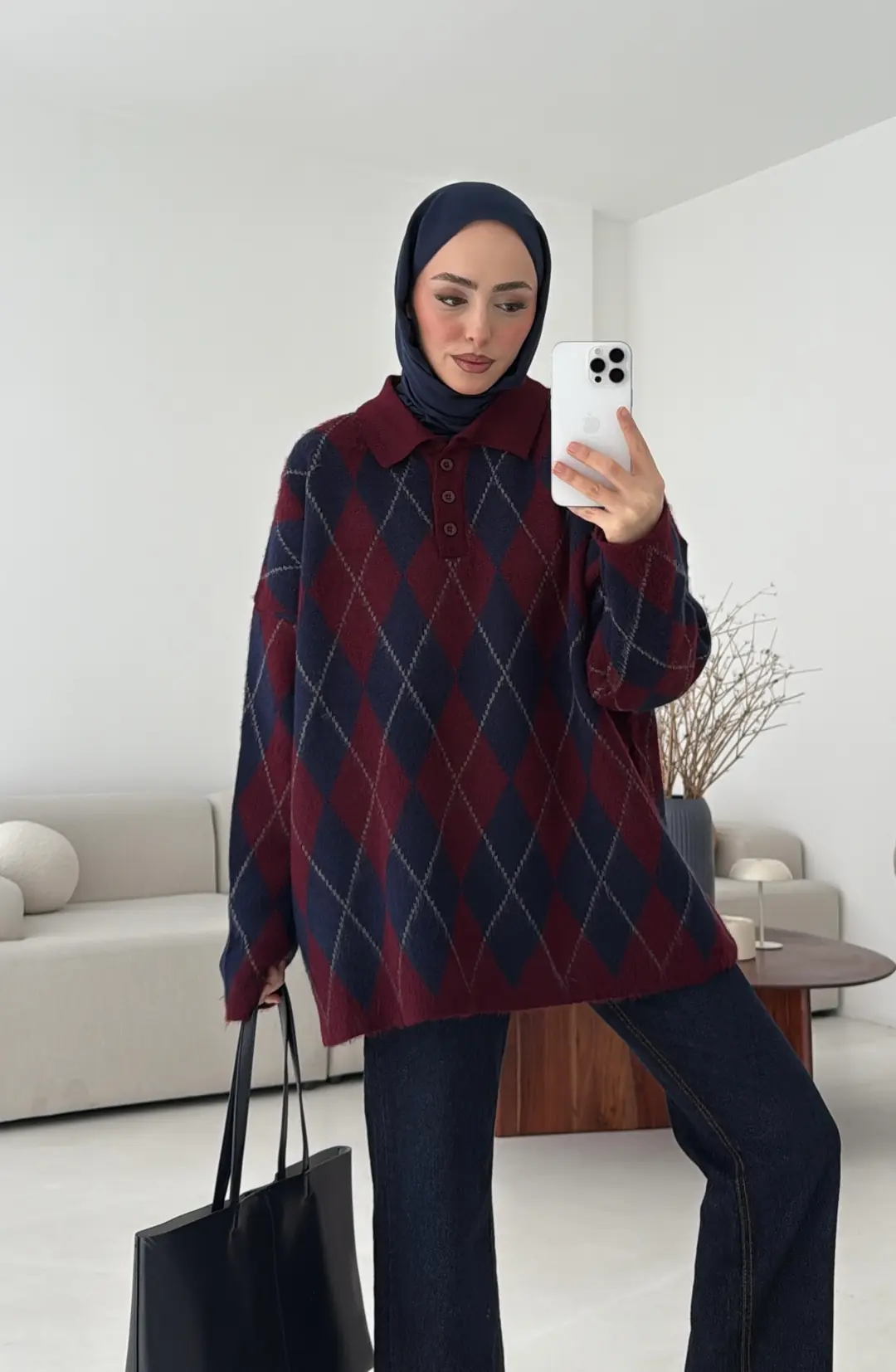 Premium Baklava Desenli Polo Yaka Kazak Lacivert - Görsel 6