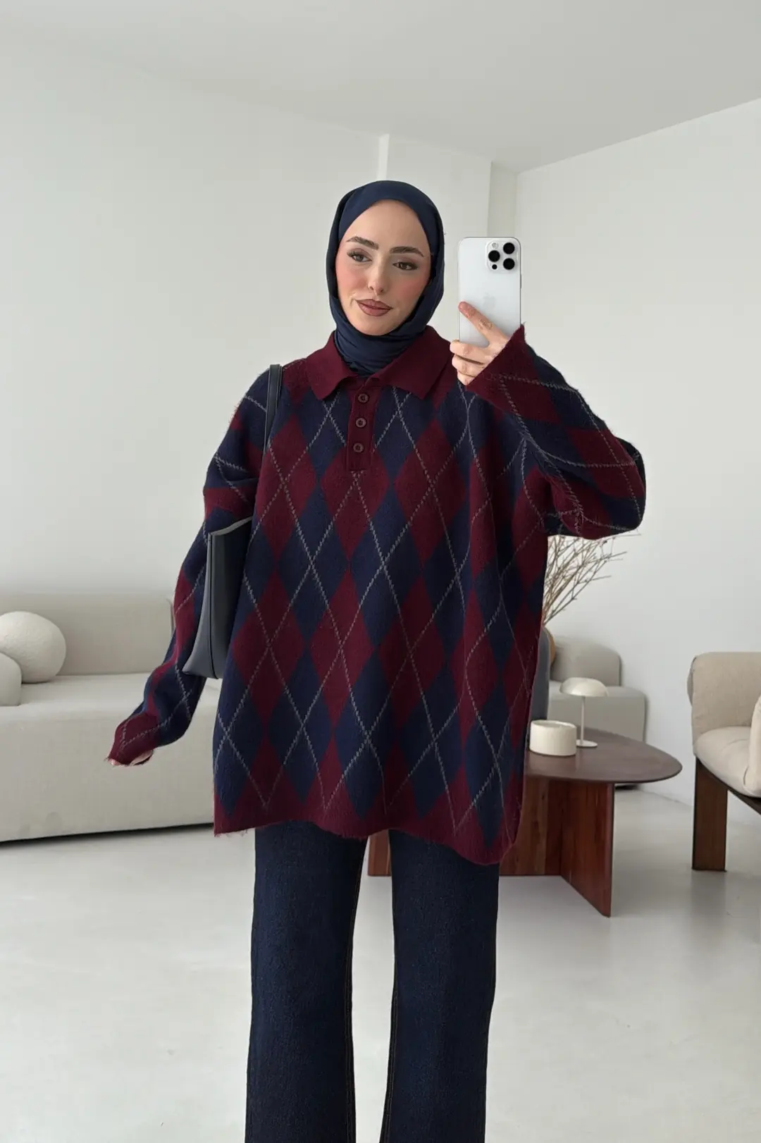 Premium Baklava Desenli Polo Yaka Kazak Lacivert - Görsel 7