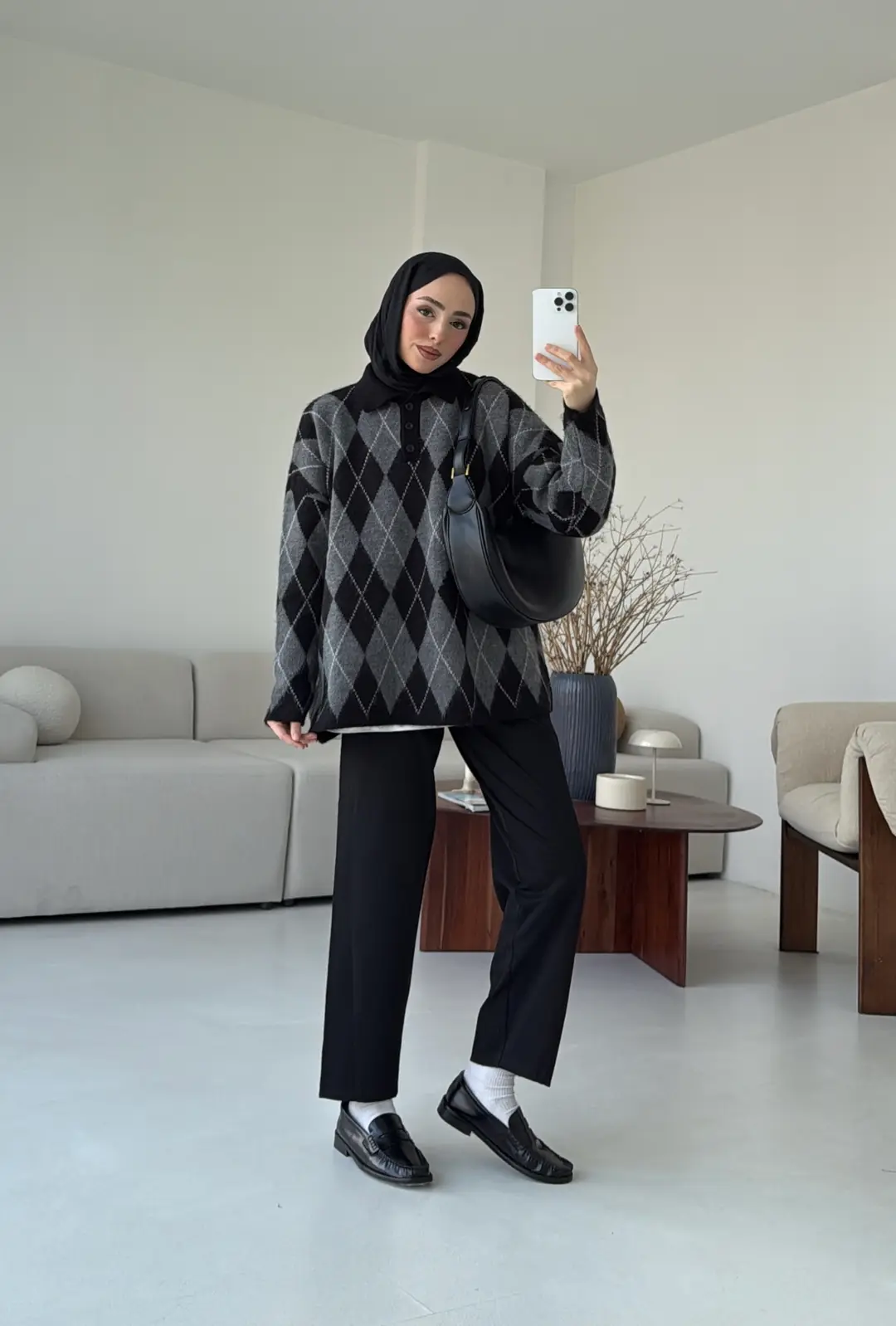 Premium Baklava Desenli Polo Yaka Kazak Siyah