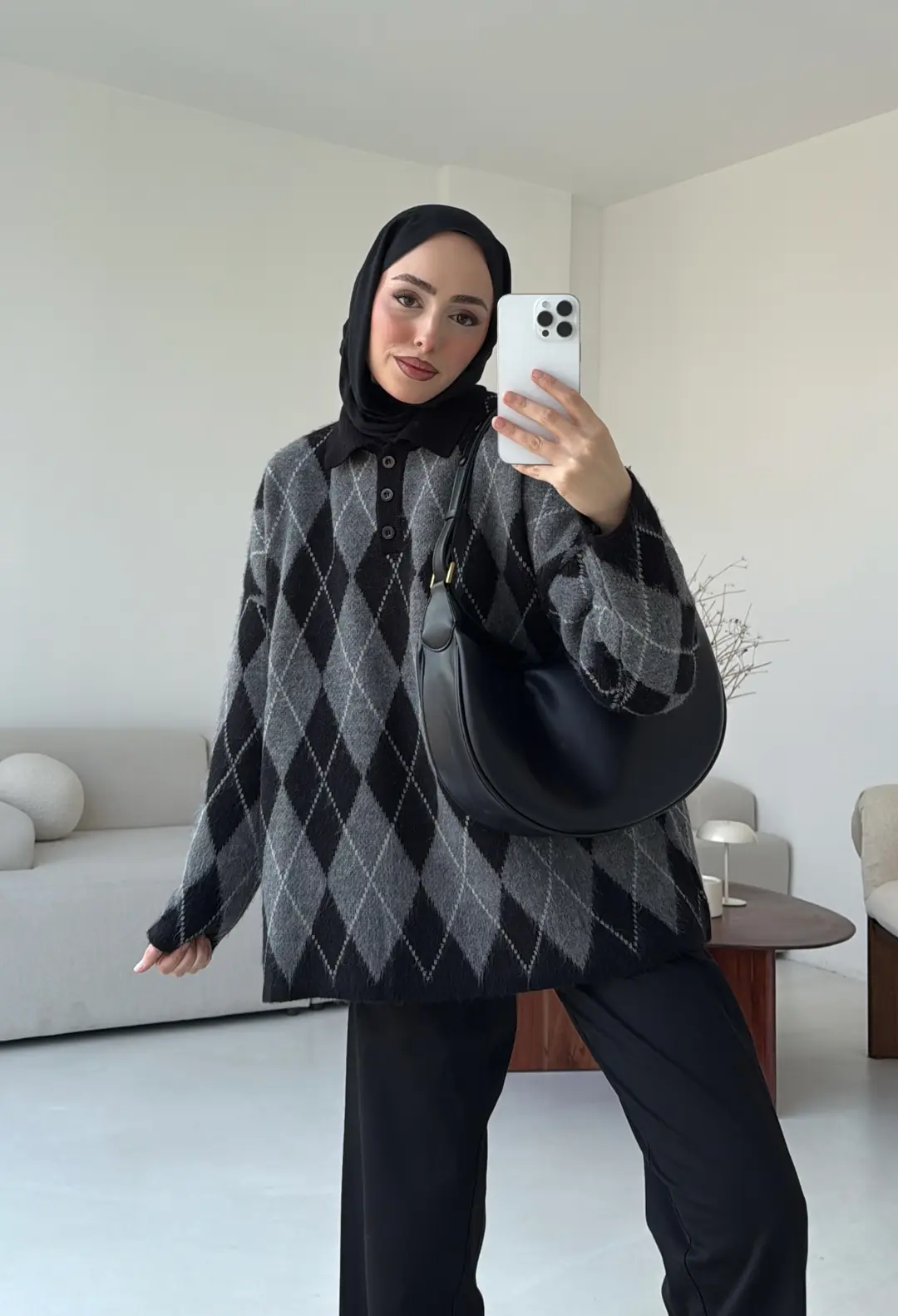 Premium Baklava Desenli Polo Yaka Kazak Siyah - Görsel 2