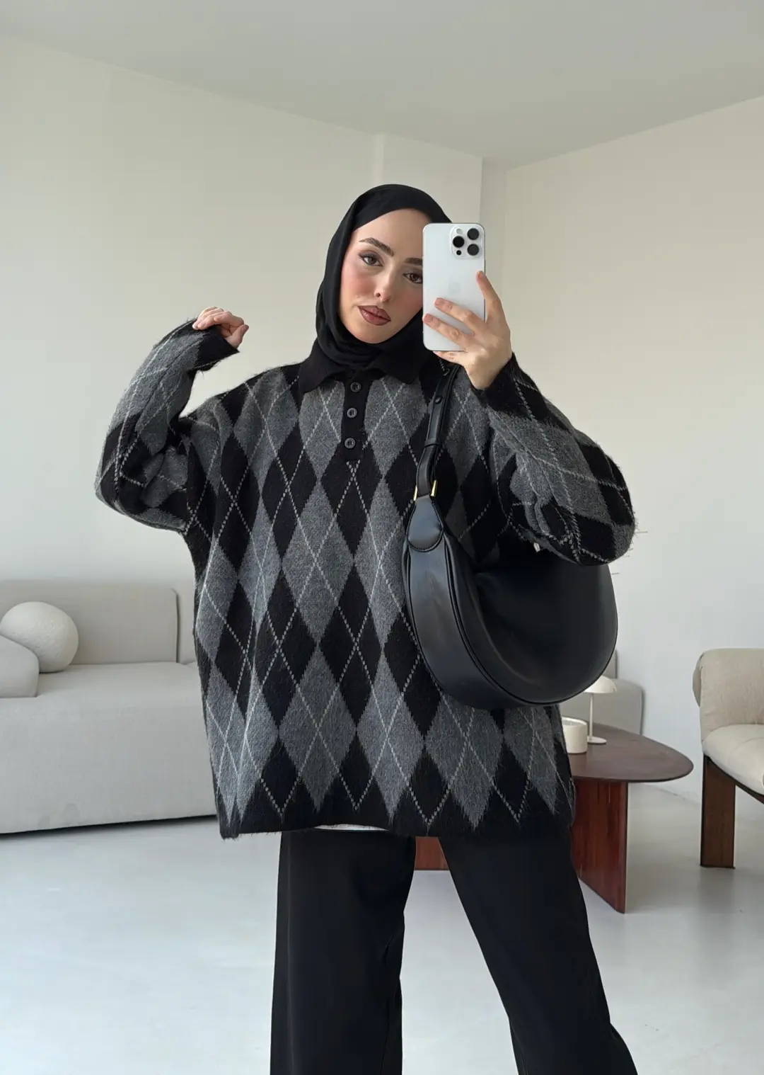 Premium Baklava Desenli Polo Yaka Kazak Siyah - Görsel 4