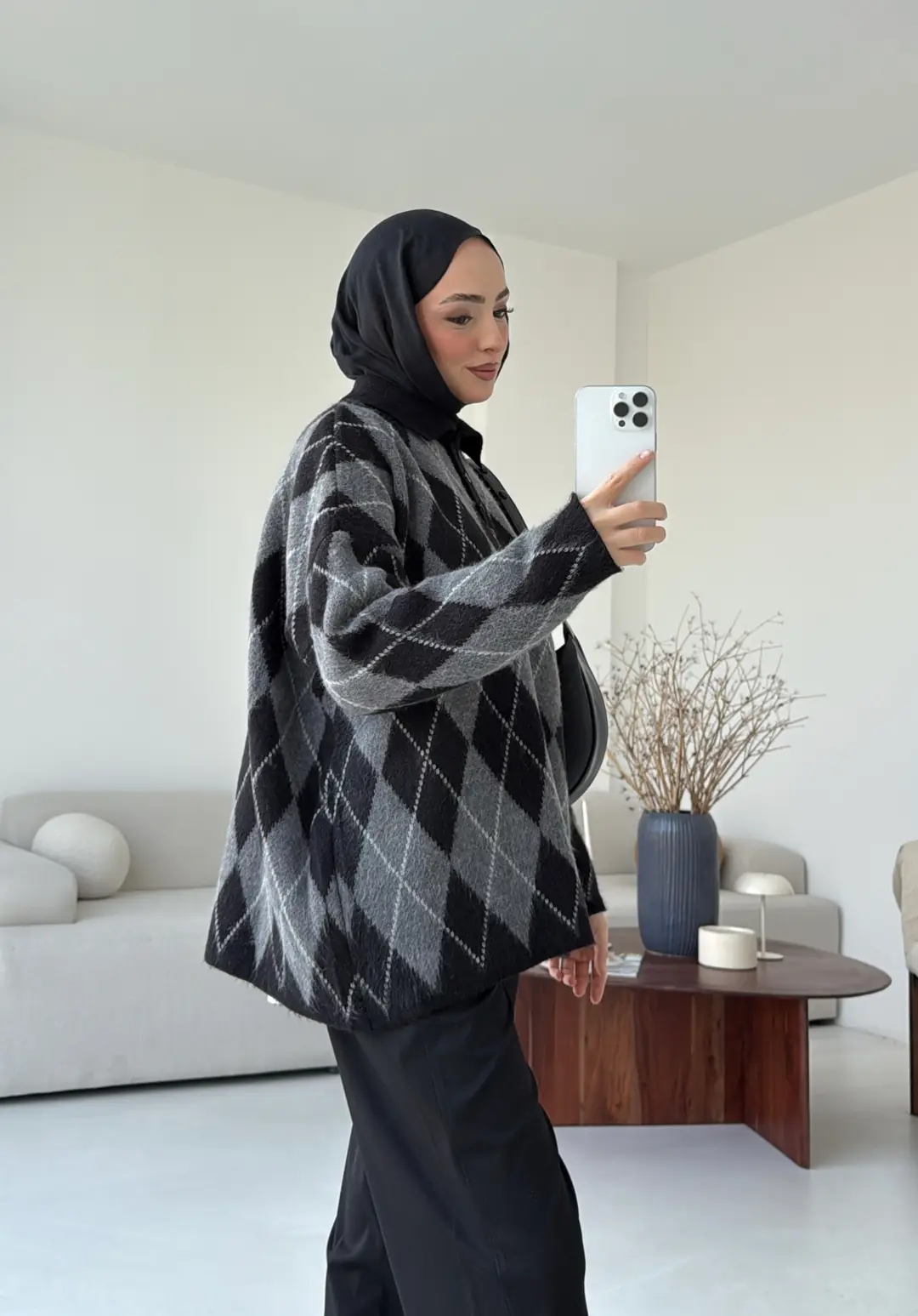 Premium Baklava Desenli Polo Yaka Kazak Siyah - Görsel 8