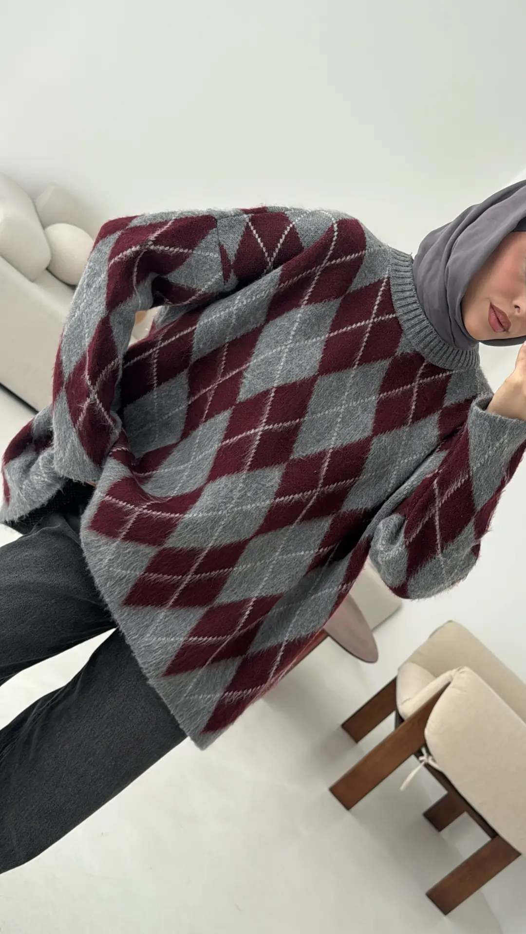 Premium Desenli Kalın Kazak Gri/Bordo - Görsel 3