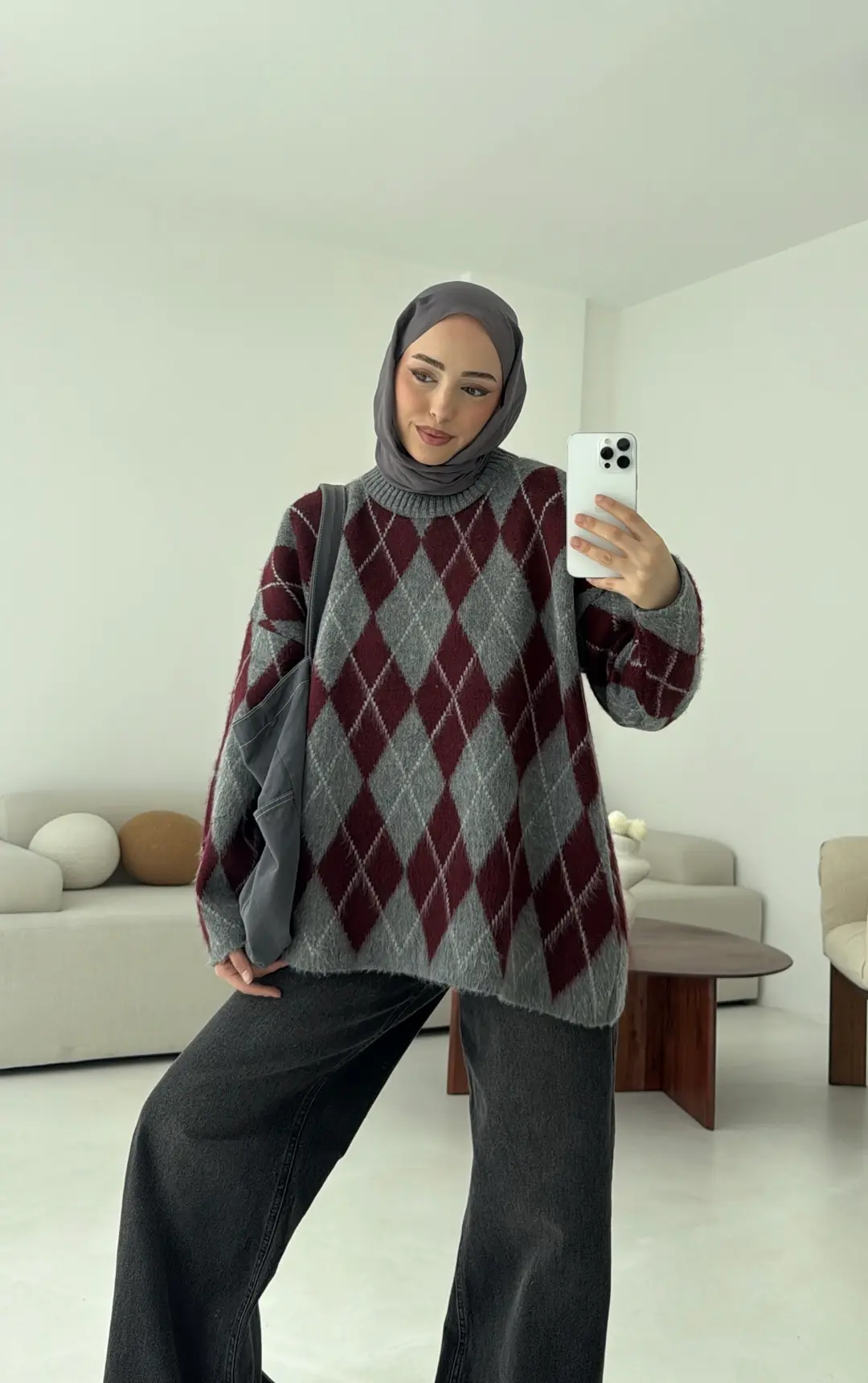 Premium Desenli Kalın Kazak Gri/Bordo - Görsel 5