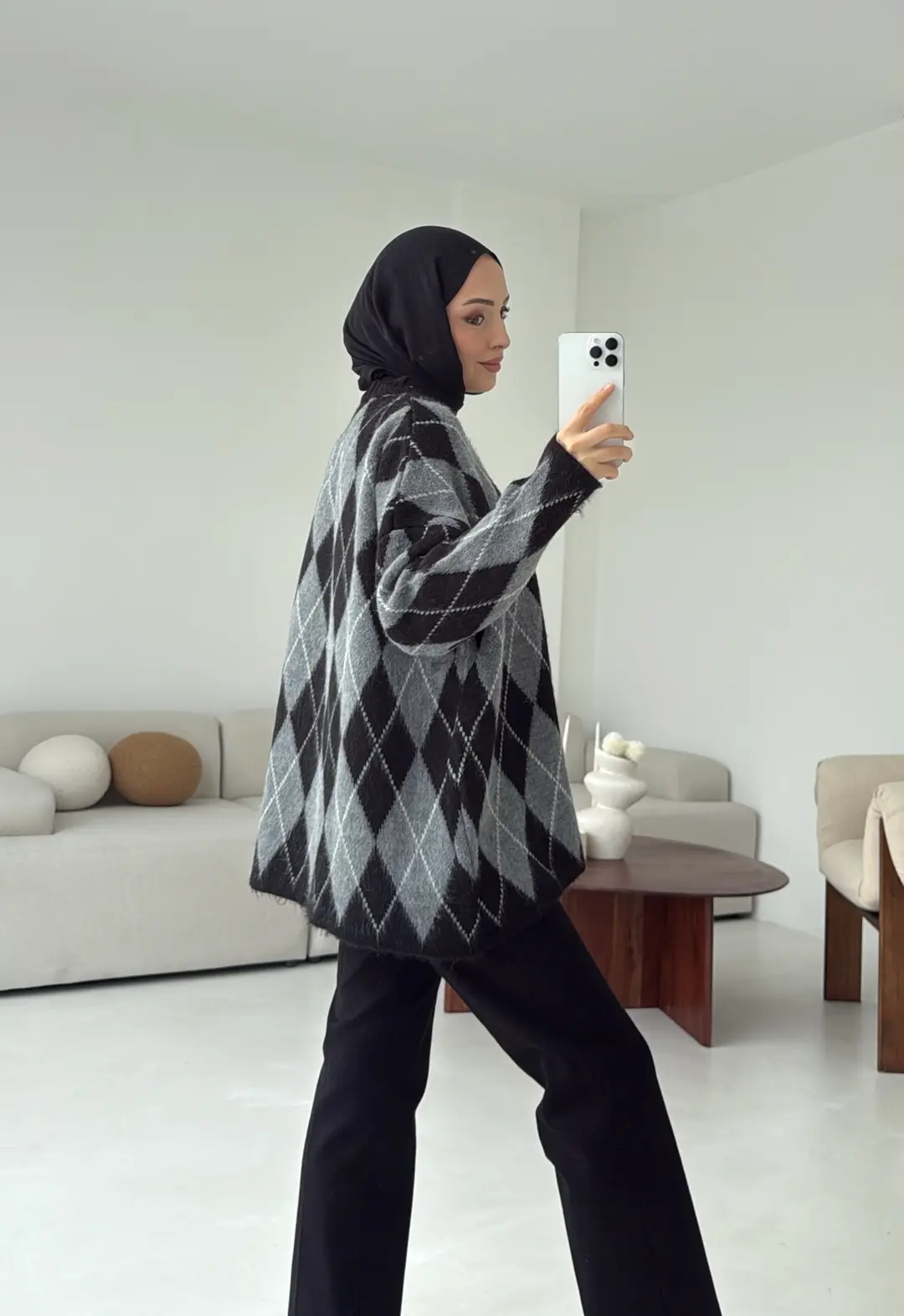 Premium Desenli Kalın Kazak Gri/Siyah