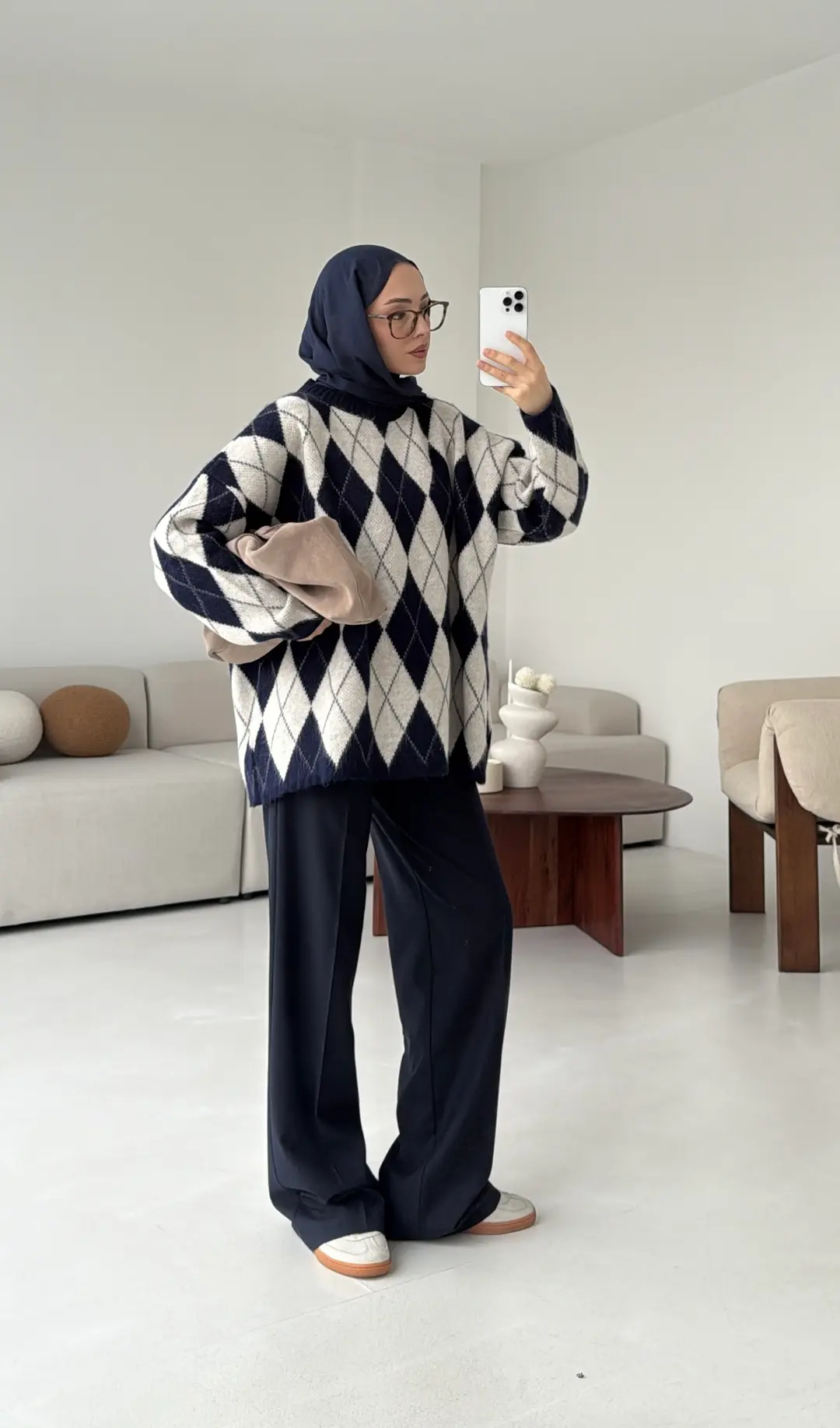 Premium Desenli Kalın Kazak Krem/Lacivert