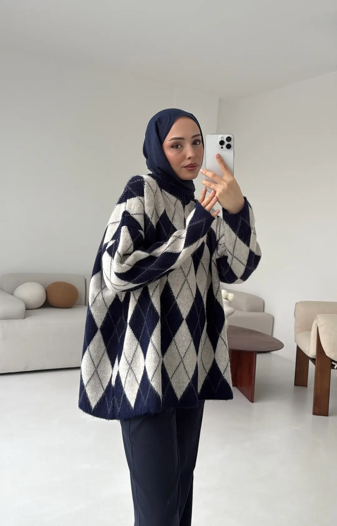 Premium Desenli Kalın Kazak Krem/Lacivert - Görsel 2