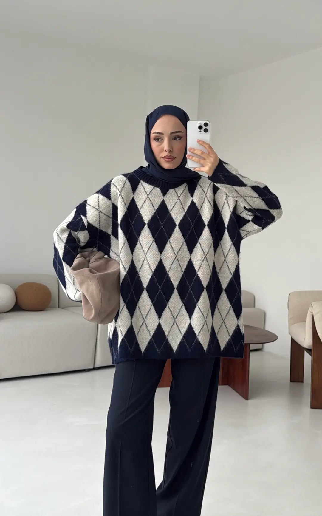 Premium Desenli Kalın Kazak Krem/Lacivert - Görsel 3