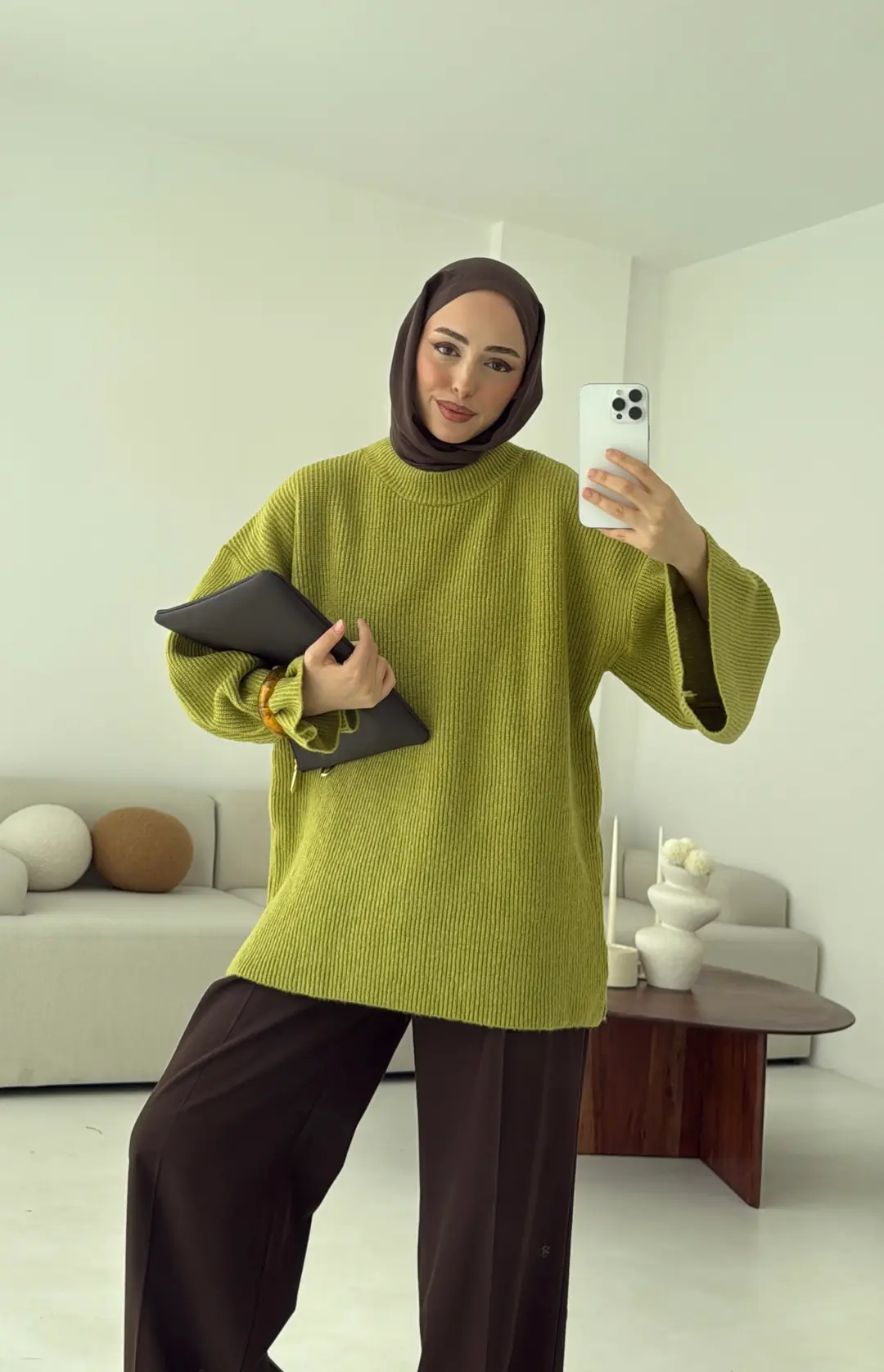 Premium Kalın Fitilli Kazak Olive - Görsel 3