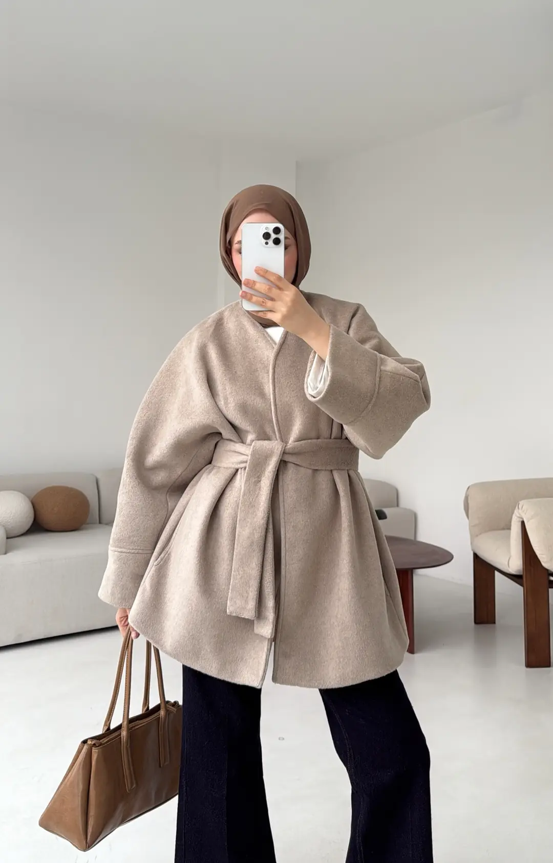 Premium Kuşaklı Kaşe Kaban Bej - Görsel 3