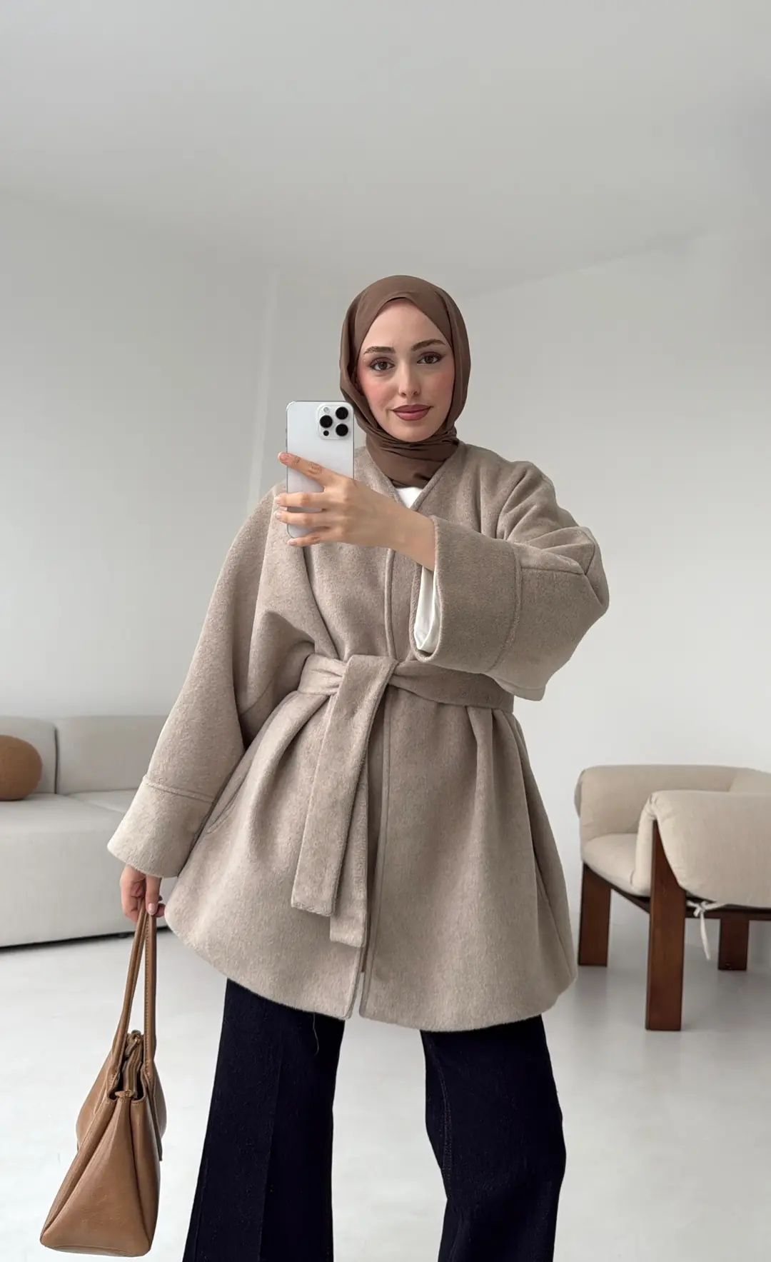 Premium Kuşaklı Kaşe Kaban Bej - Görsel 5