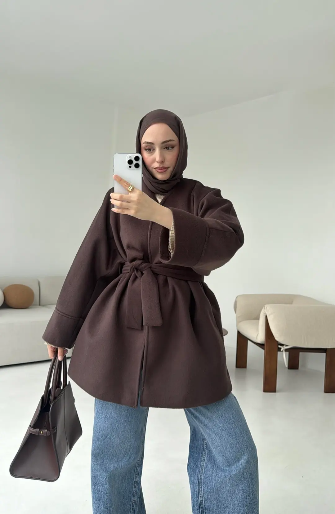 Premium Kuşaklı Kaşe Kaban Kahve