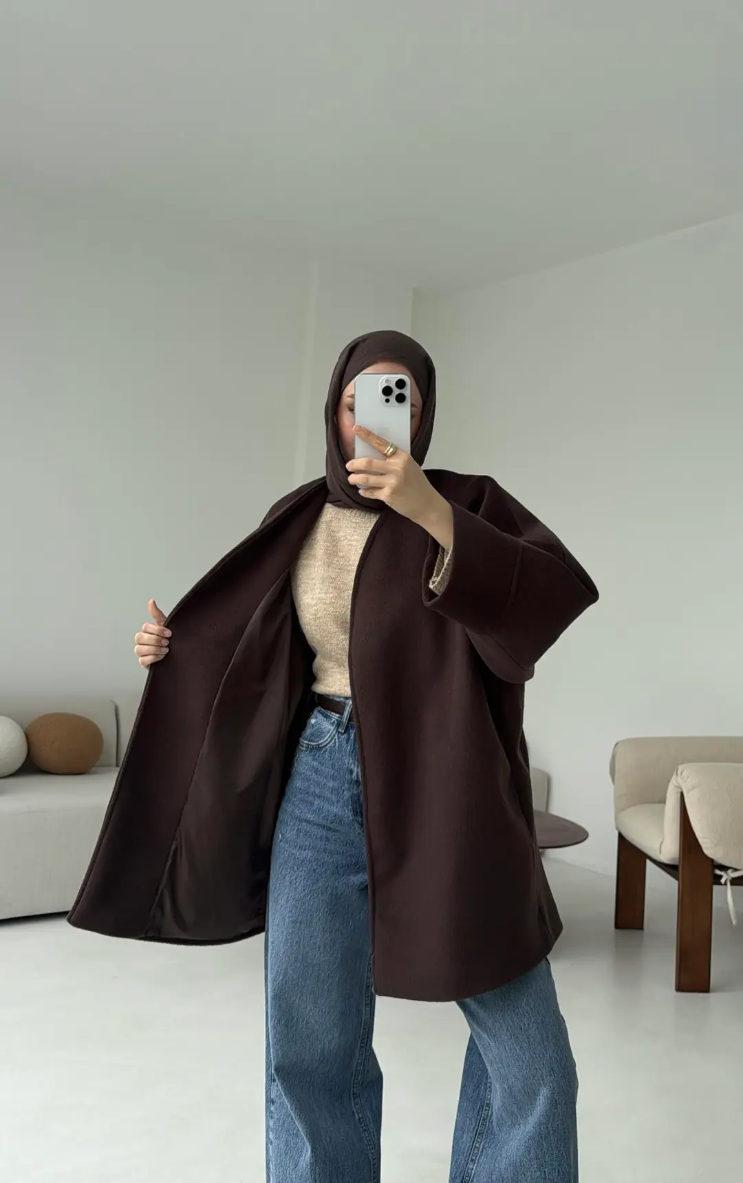 Premium Kuşaklı Kaşe Kaban Kahve - Görsel 3