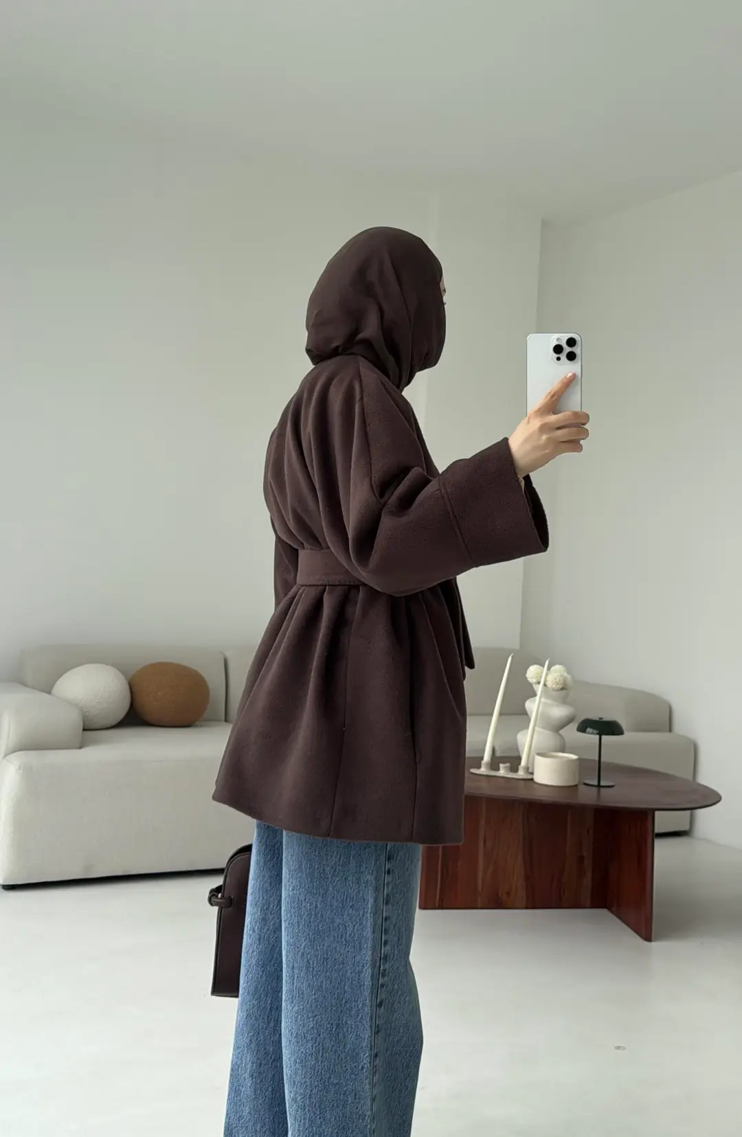 Premium Kuşaklı Kaşe Kaban Kahve - Görsel 6