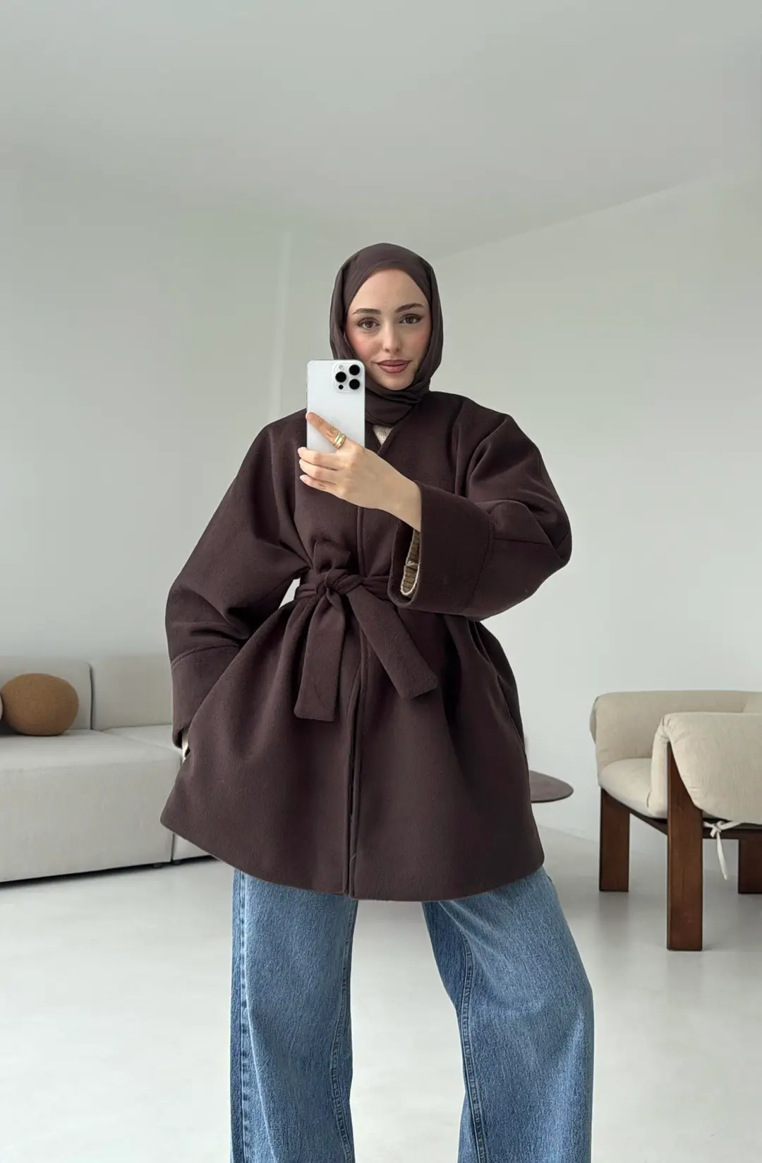 Premium Kuşaklı Kaşe Kaban Kahve - Görsel 7