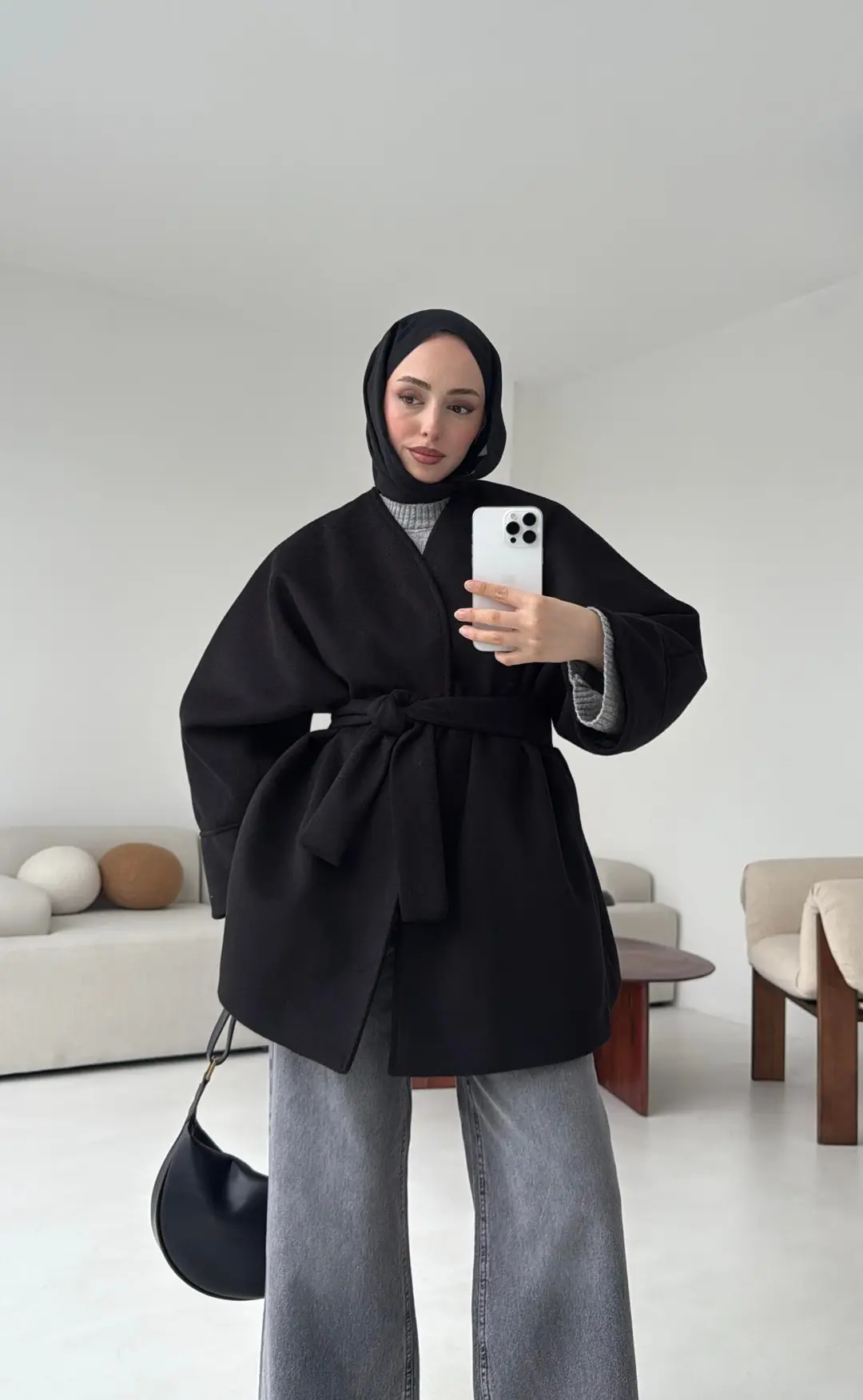 Premium Kuşaklı Kaşe Kaban Siyah