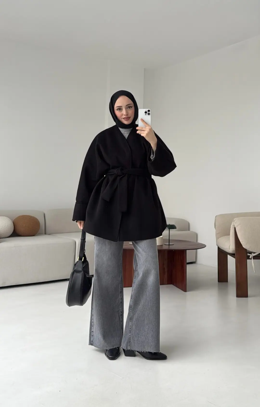 Premium Kuşaklı Kaşe Kaban Siyah - Görsel 2