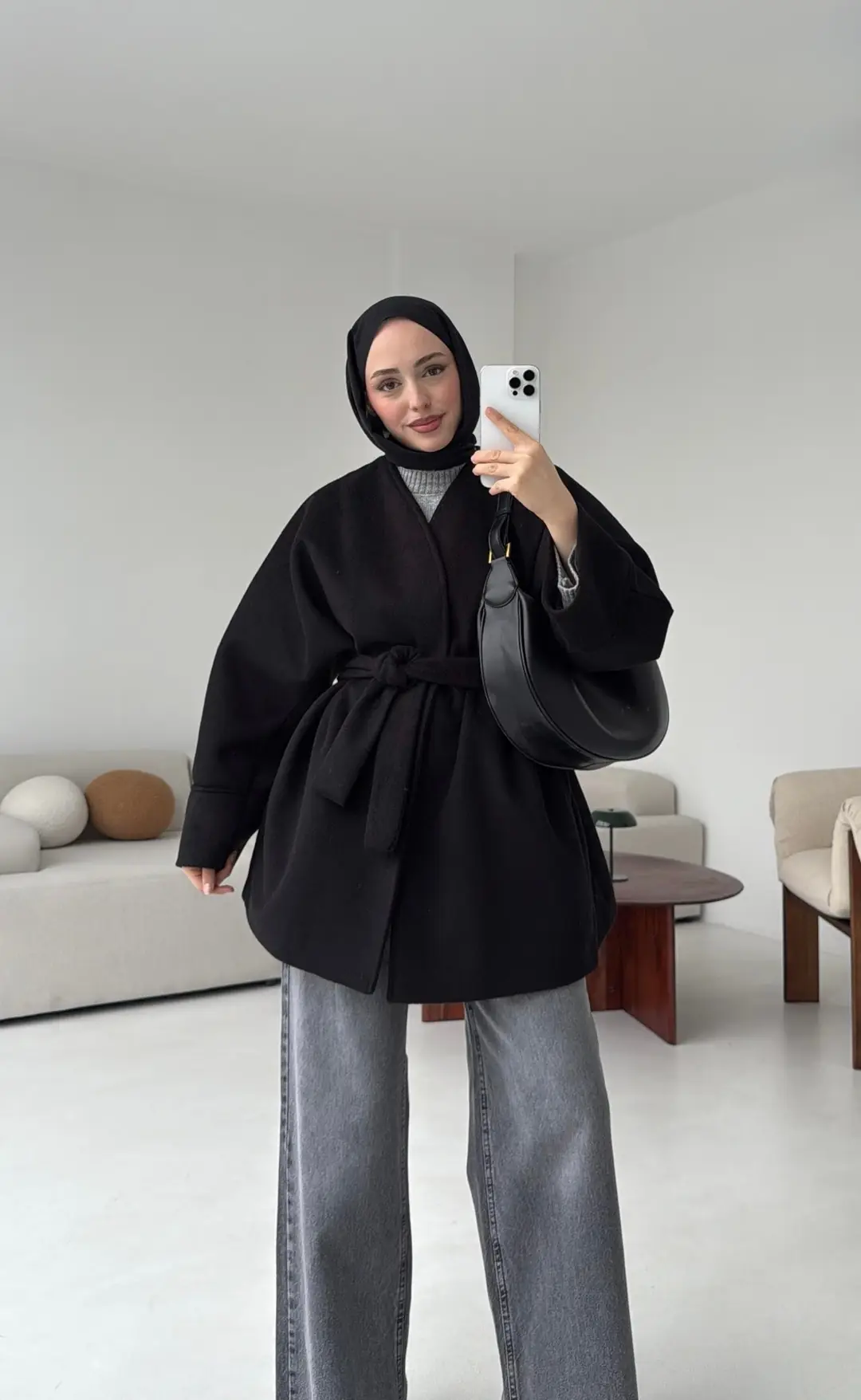 Premium Kuşaklı Kaşe Kaban Siyah - Görsel 3