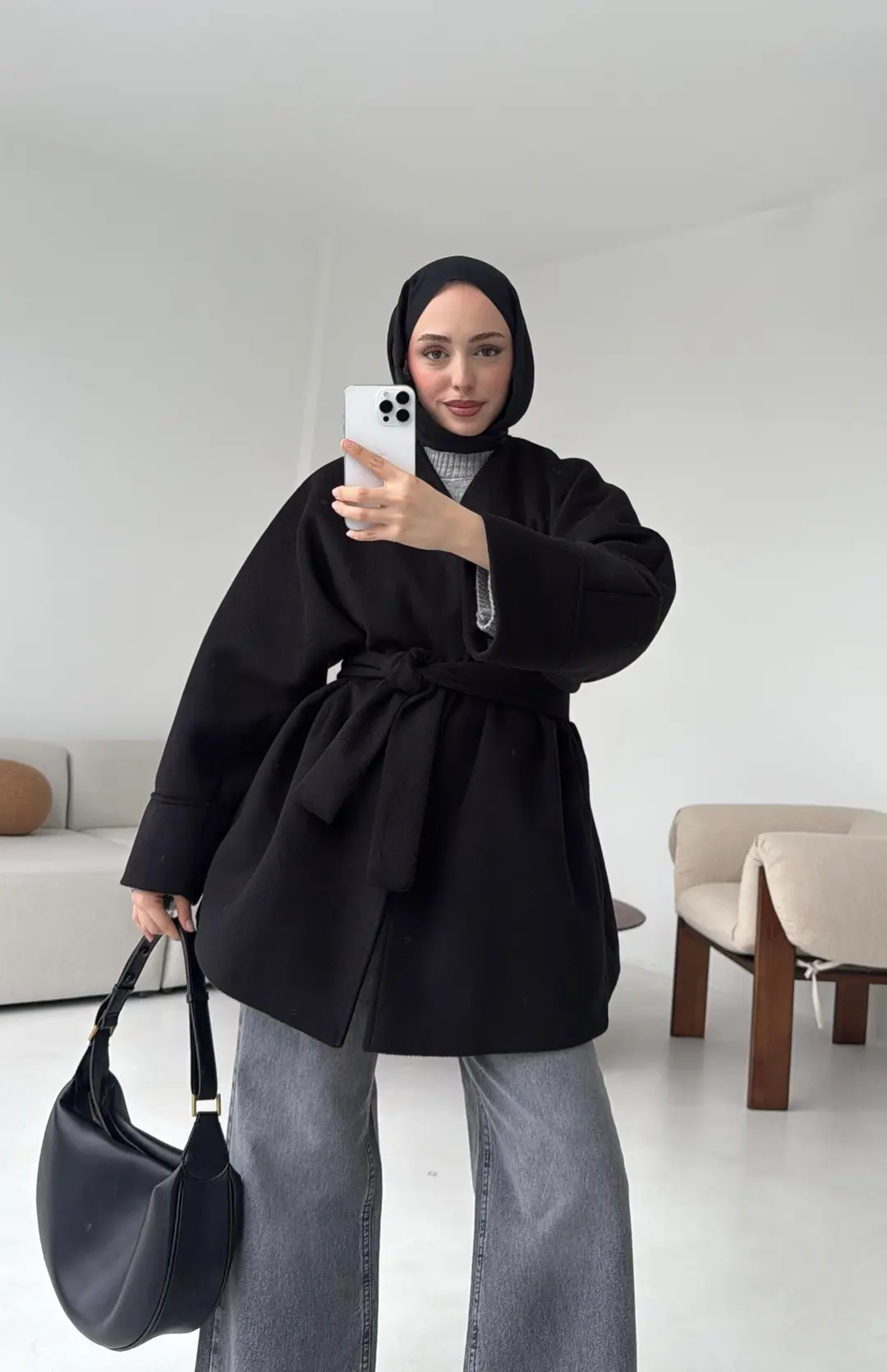 Premium Kuşaklı Kaşe Kaban Siyah - Görsel 5