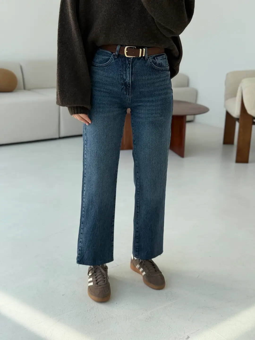 Premium Paçası Kesik Jean Kahve Kemerli