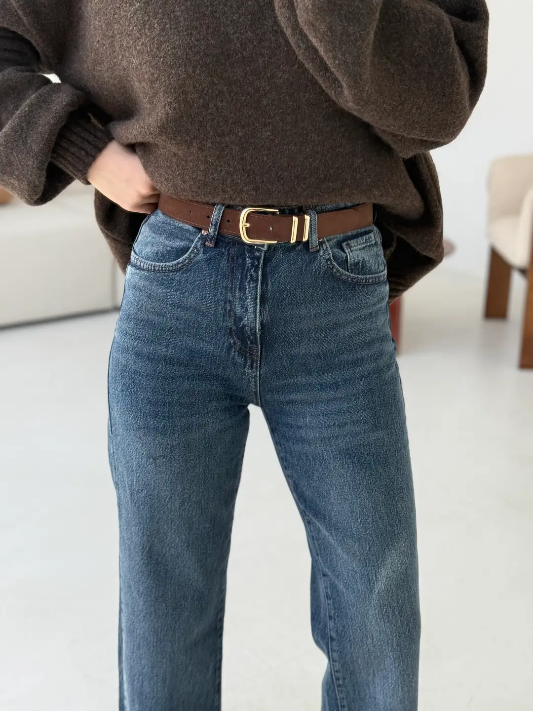 Premium Paçası Kesik Jean Kahve Kemerli - Görsel 3