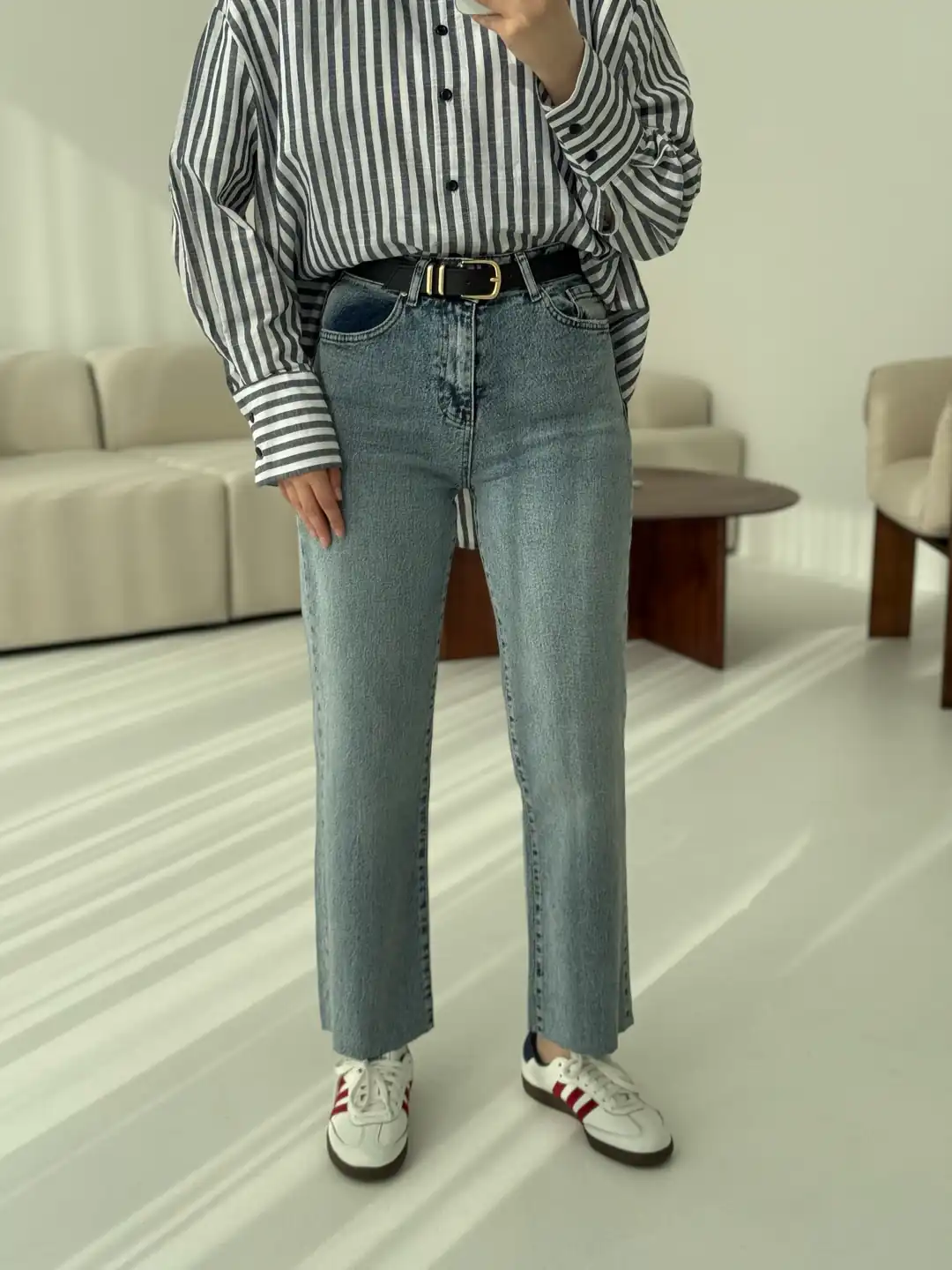 Premium Paçası Kesik Jean Mavi  Kemerli