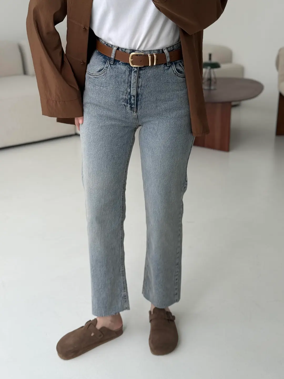 Premium Paçası Kesik Jean Taba Kemerli R34