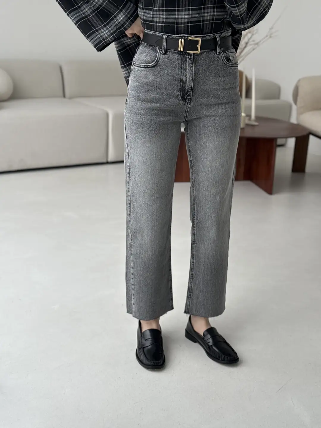 Premium Paçası Kesik Kemerli Jean Gri R125-1