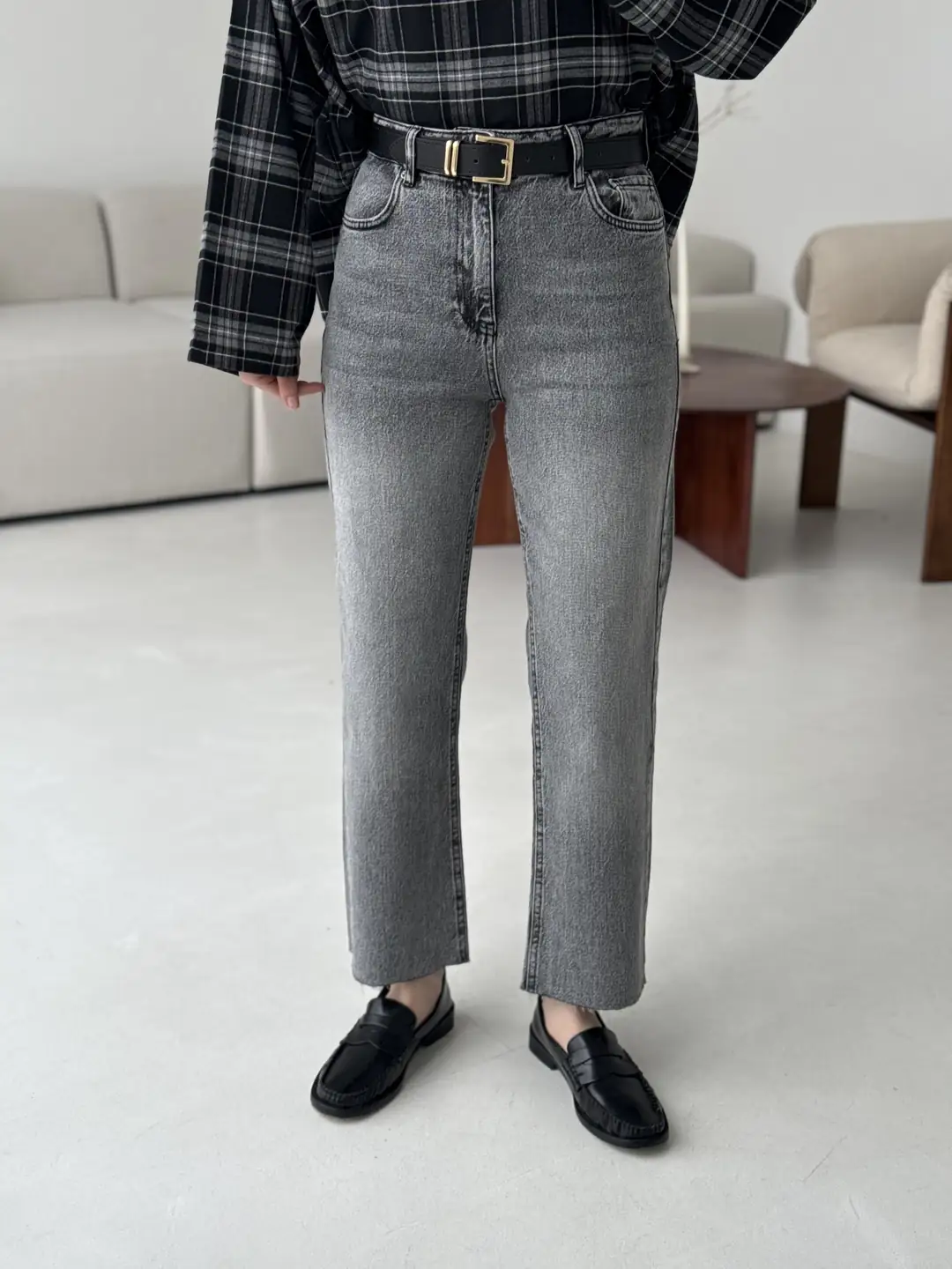 Premium Paçası Kesik Kemerli Jean Gri R125-1 - Görsel 2