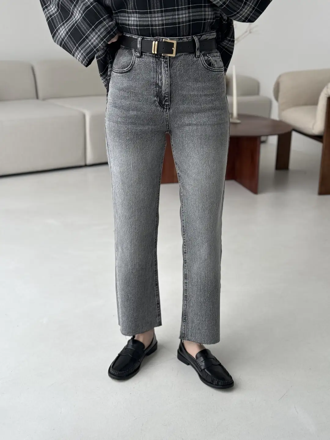 Premium Paçası Kesik Kemerli Jean Gri R125-1 - Görsel 3