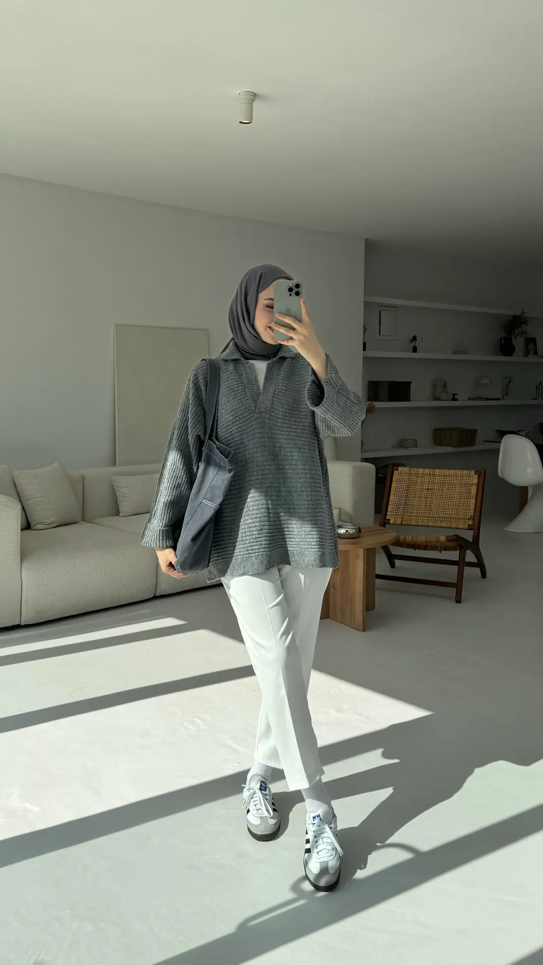 Premium Polo Yaka Kolu Katlamalı Yün Kazak Koyu Gri