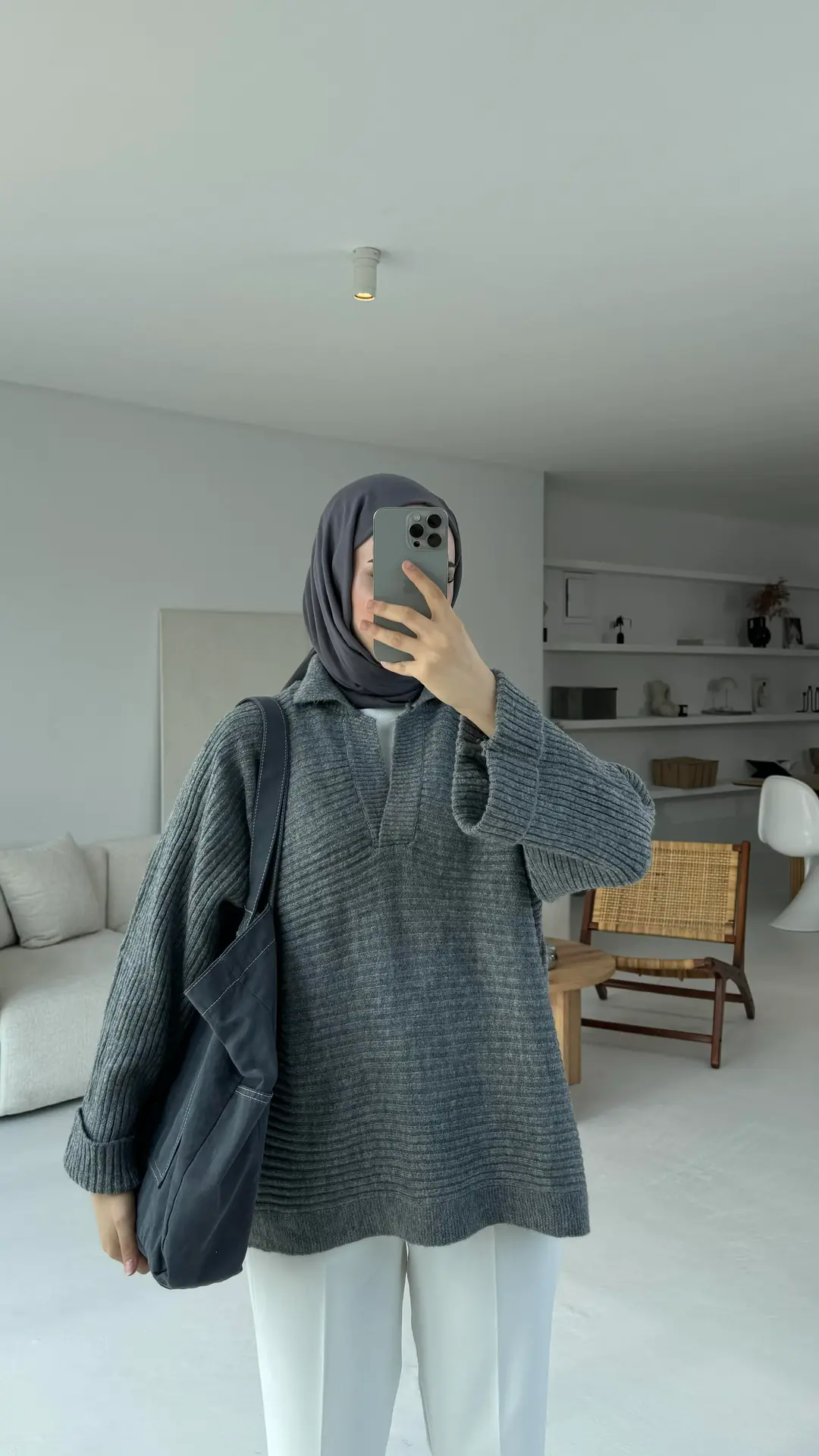 Premium Polo Yaka Kolu Katlamalı Yün Kazak Koyu Gri - Görsel 2