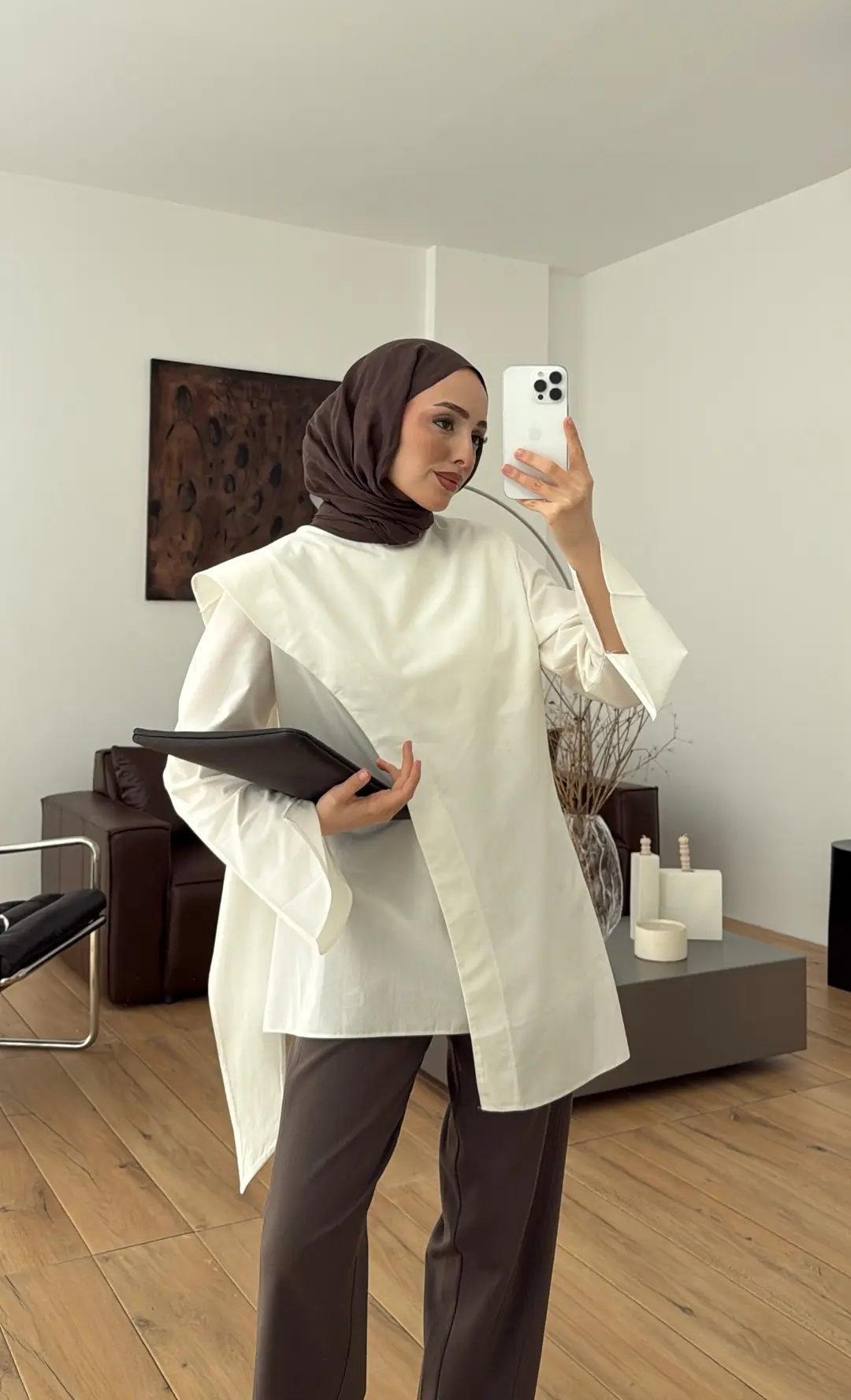 Premium Şal Detaylı Gömlek Beyaz - Görsel 8