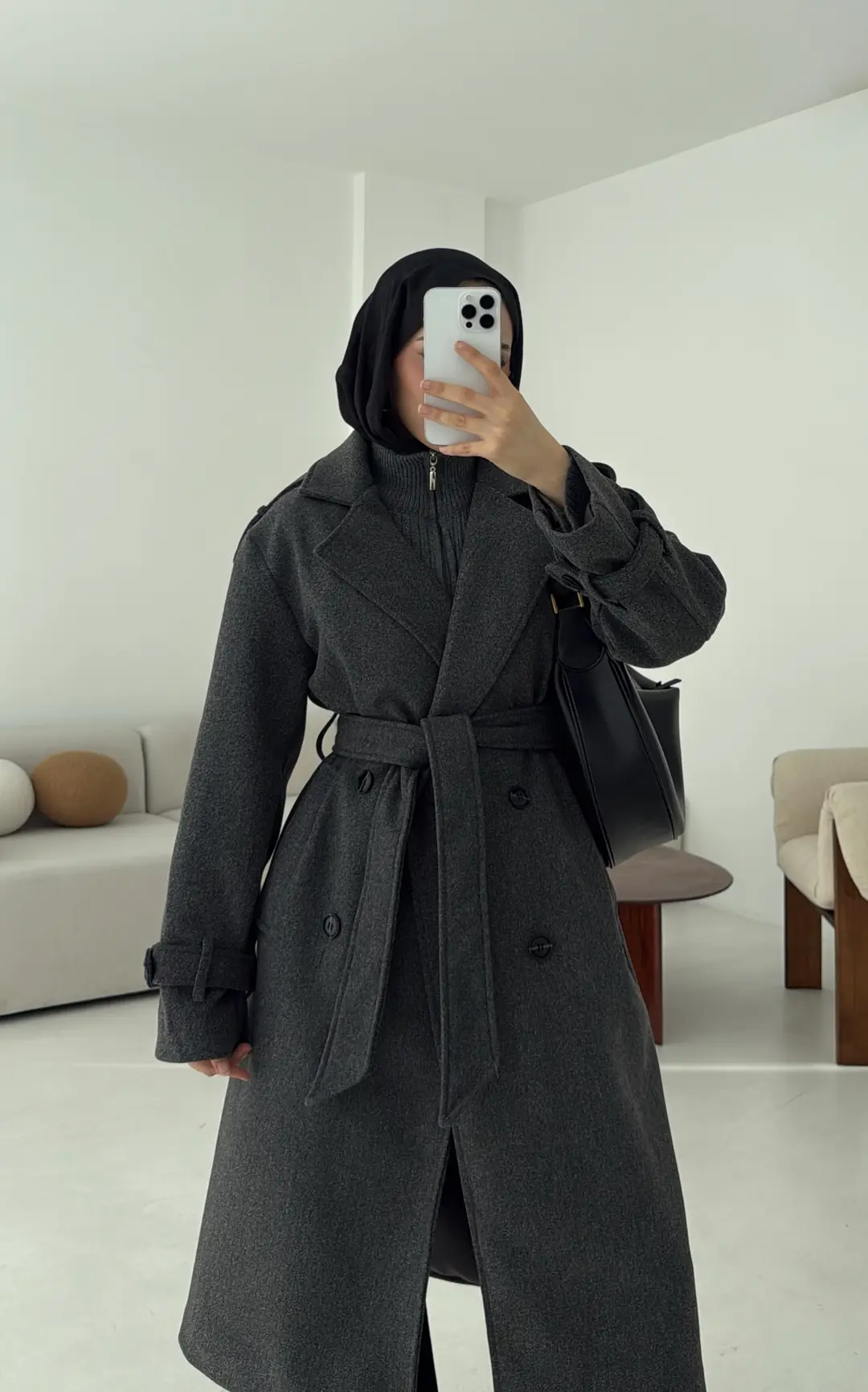 Premium Uzun Kaşe Kaban Antrasit - Görsel 2