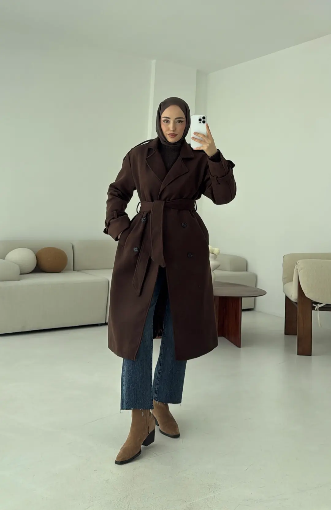 Premium Uzun Kaşe Kaban Kahve - Görsel 2