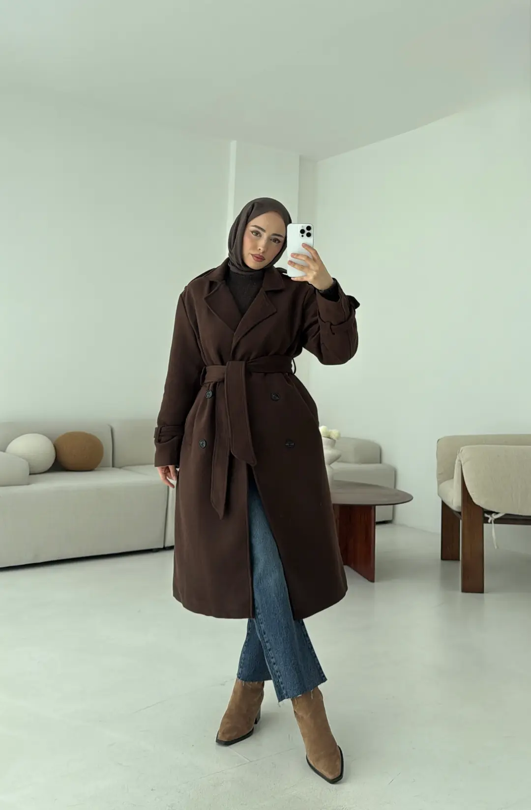 Premium Uzun Kaşe Kaban Kahve - Görsel 6