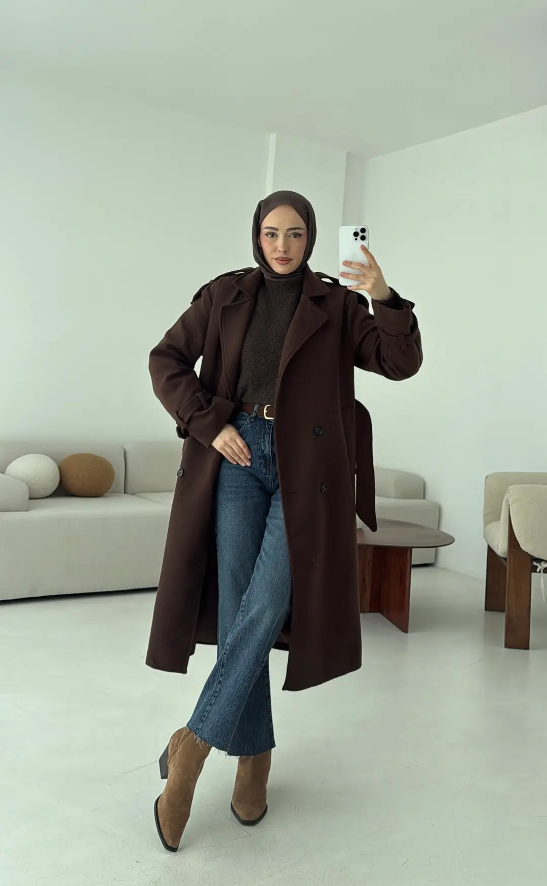 Premium Uzun Kaşe Kaban Kahve - Görsel 8