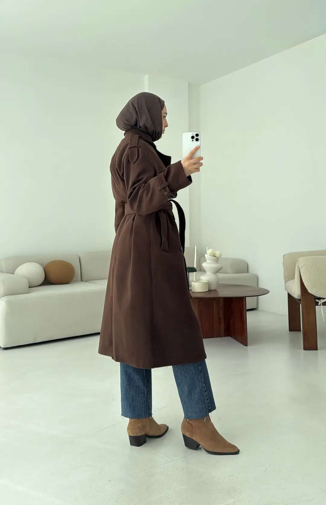 Premium Uzun Kaşe Kaban Kahve - Görsel 9