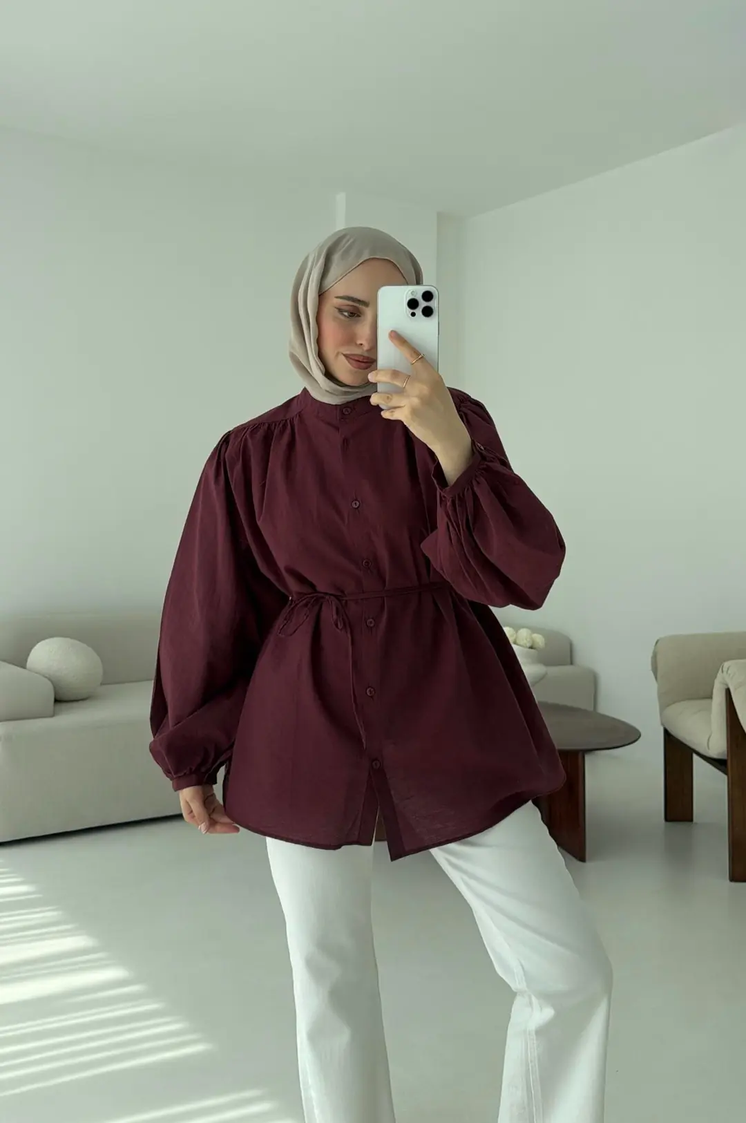 Risa Balon Kol Gömlek Bordo - Görsel 2