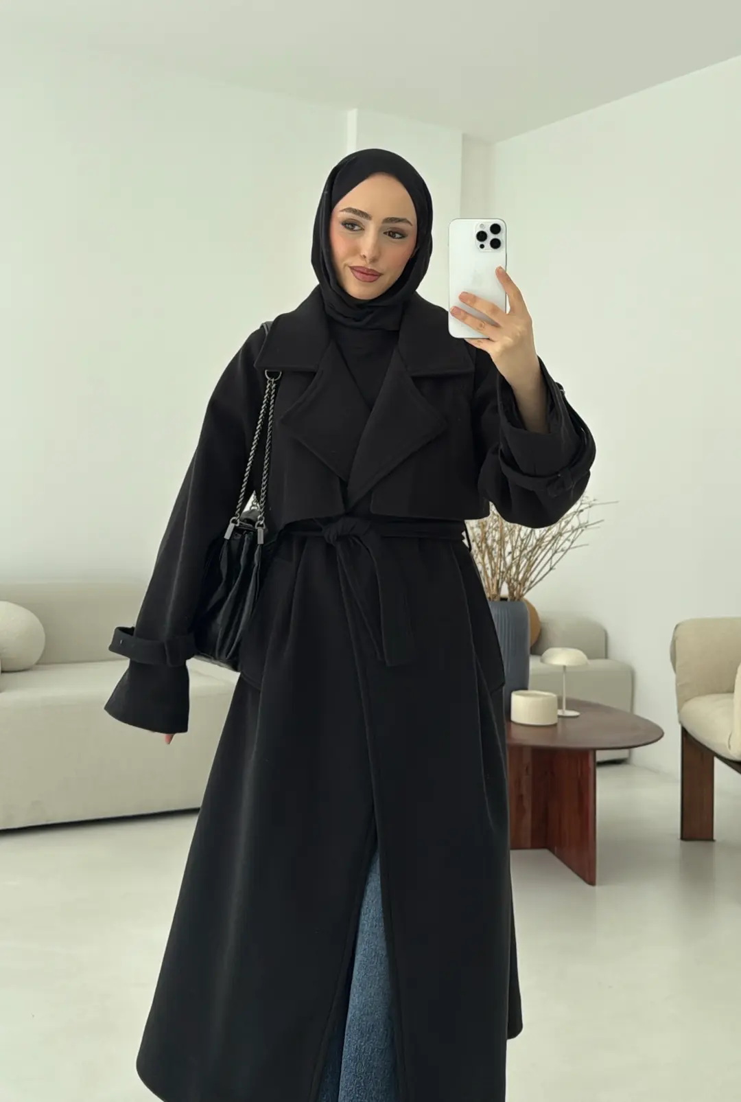 Rüzgarlıklı Uzun Kaşe Kaban Siyah