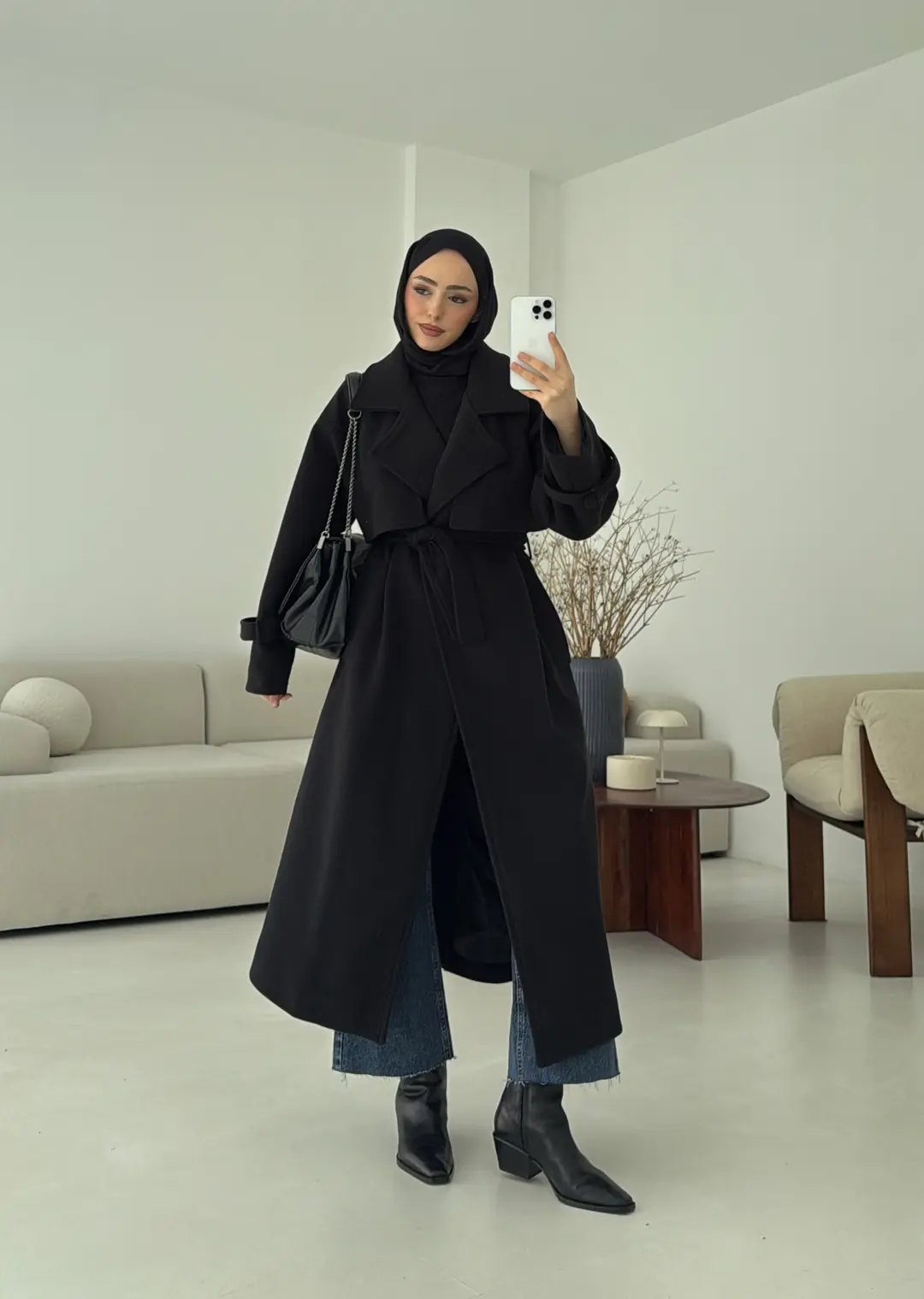 Rüzgarlıklı Uzun Kaşe Kaban Siyah - Görsel 2