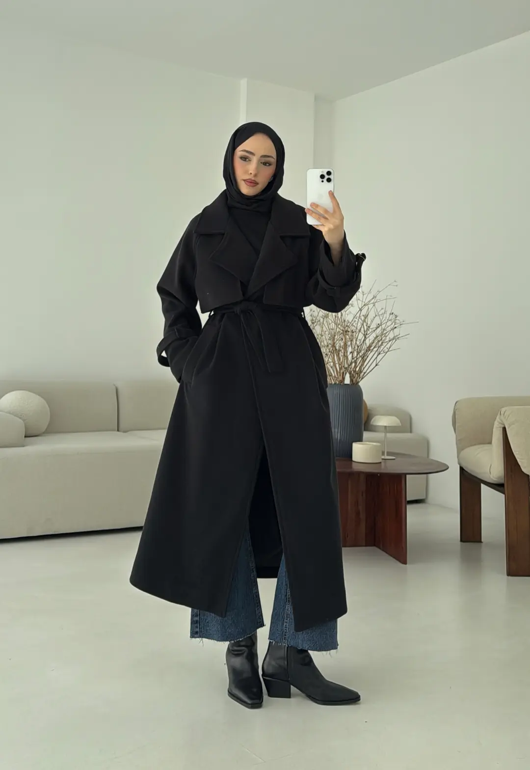 Rüzgarlıklı Uzun Kaşe Kaban Siyah - Görsel 5