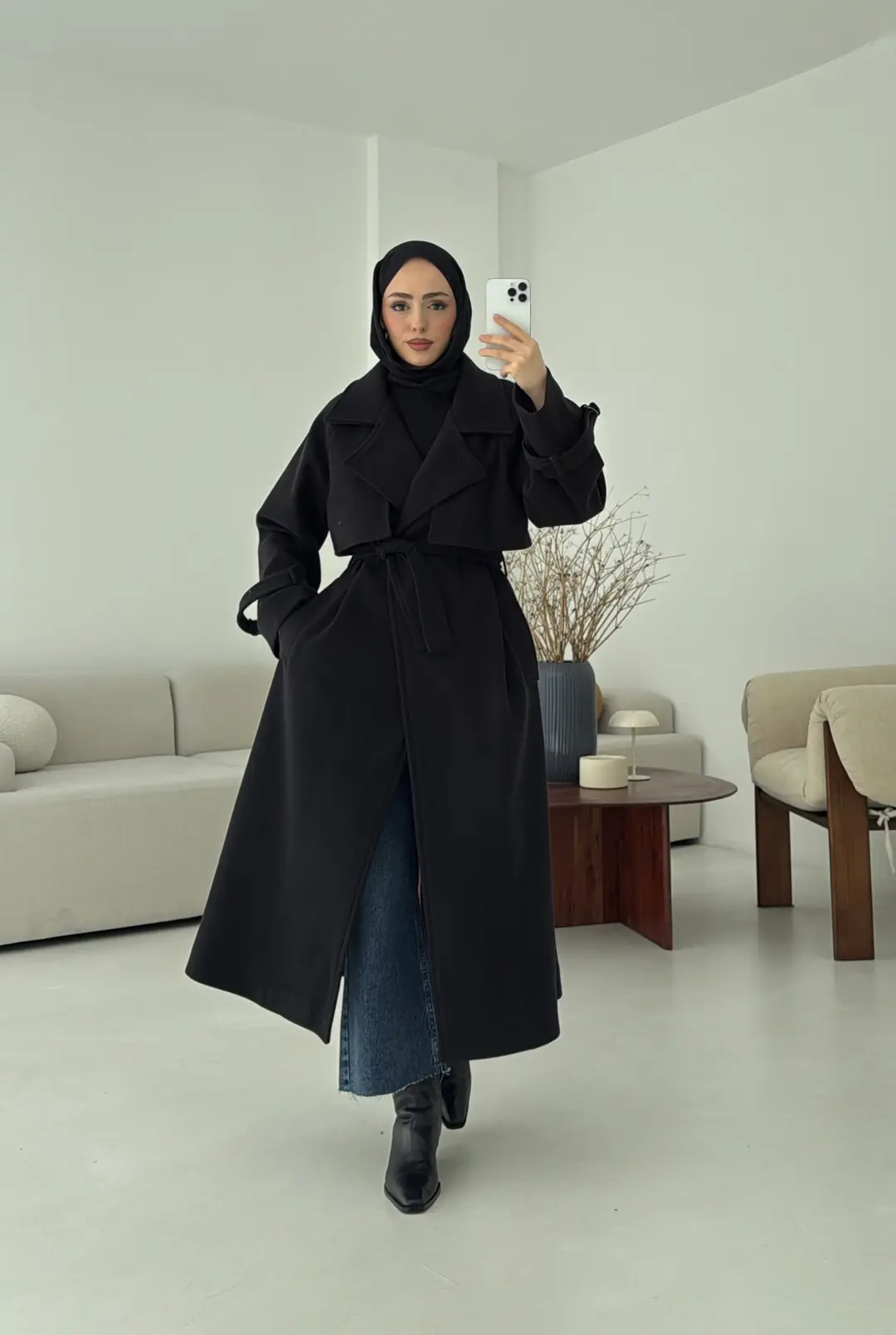 Rüzgarlıklı Uzun Kaşe Kaban Siyah - Görsel 7