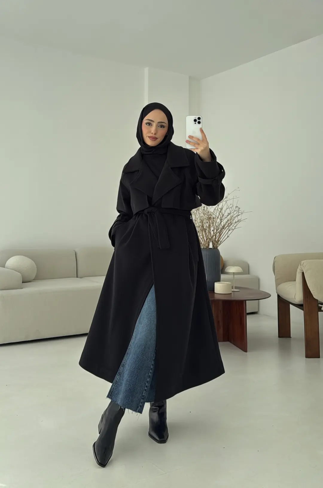 Rüzgarlıklı Uzun Kaşe Kaban Siyah - Görsel 8