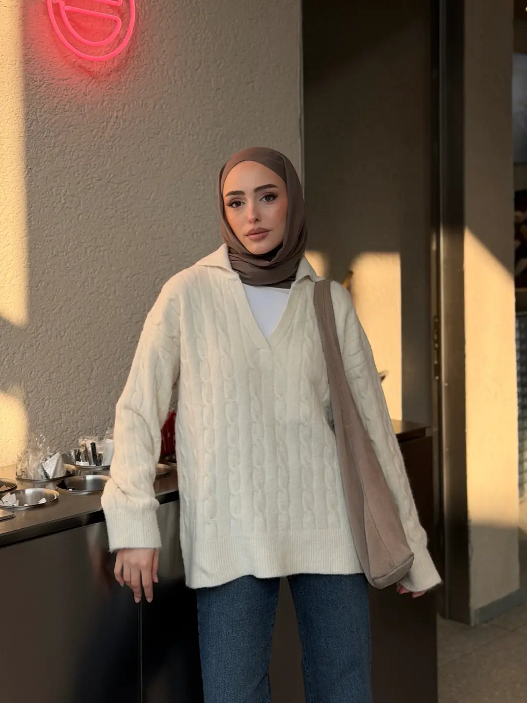 Saç Örgü Polo Yaka Kazak Krem