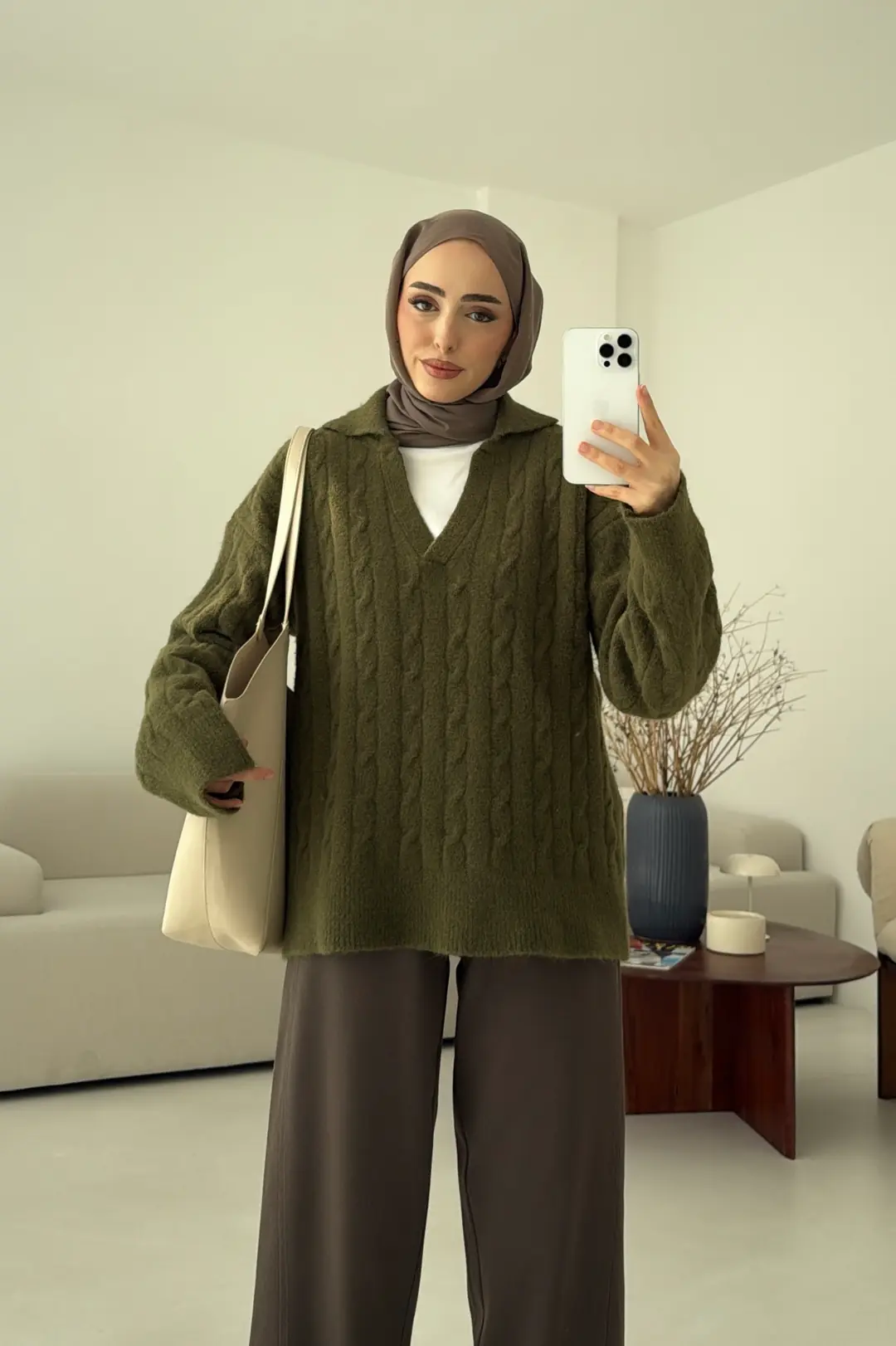 Saç Örgü Polo Yaka Kazak Olive