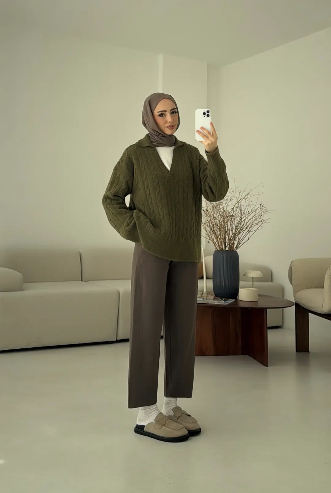 Saç Örgü Polo Yaka Kazak Olive - Görsel 3